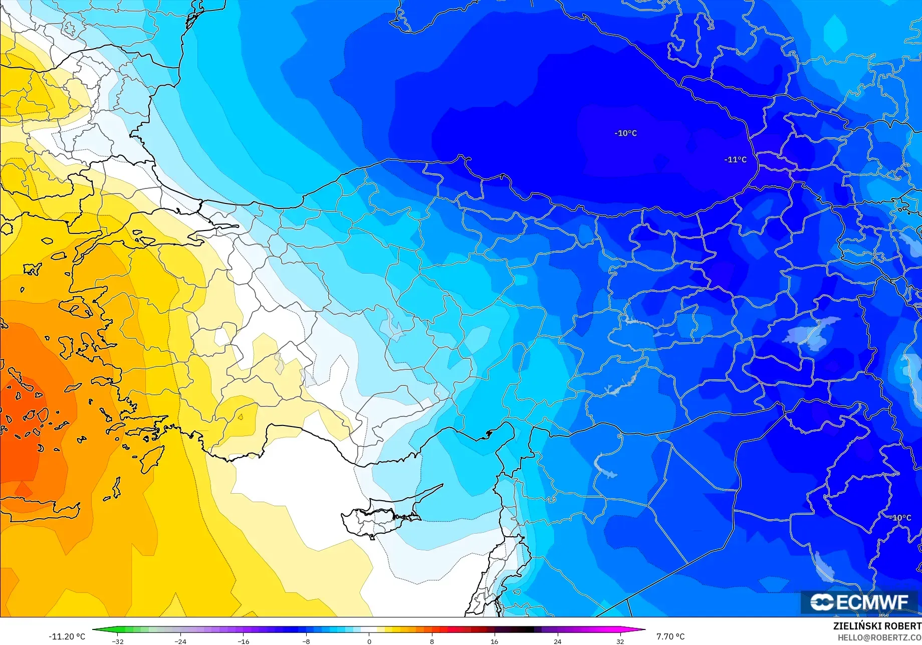 ECMWF IFS 0.25° modelo - Turquía, Anomalía de temperatura a 850 hPa