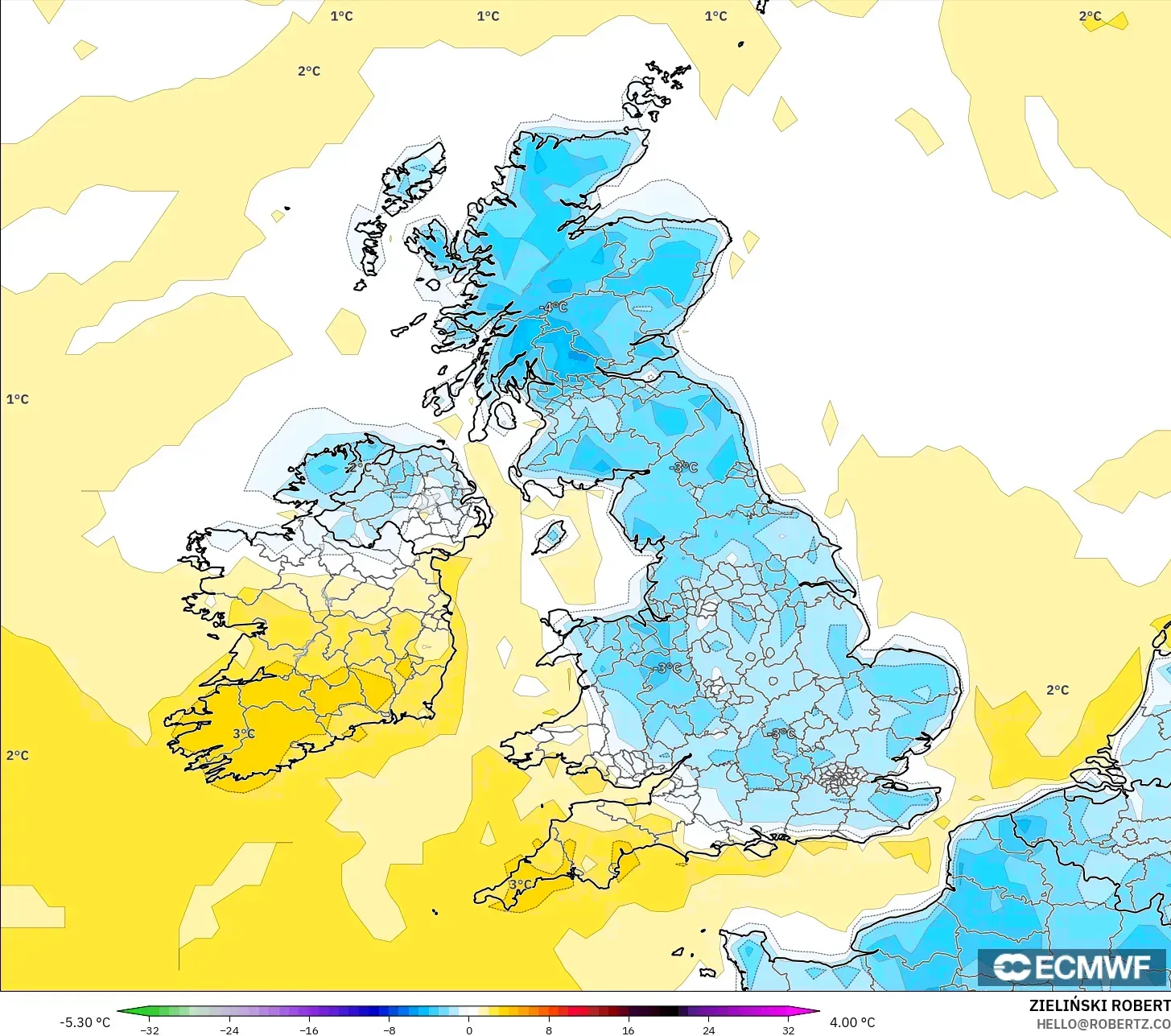 ECMWF IFS 0.25° modelo - Reino Unido, Anomalía de temperatura a 2 m