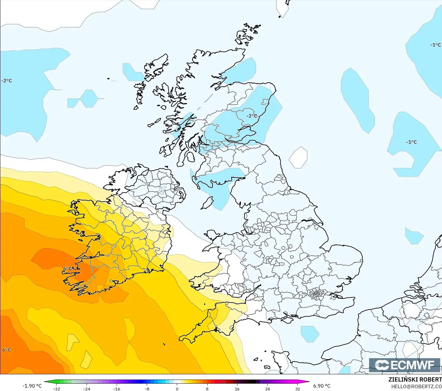 ECMWF IFS 0.25° modelo - Reino Unido, Anomalía de temperatura a 850 hPa