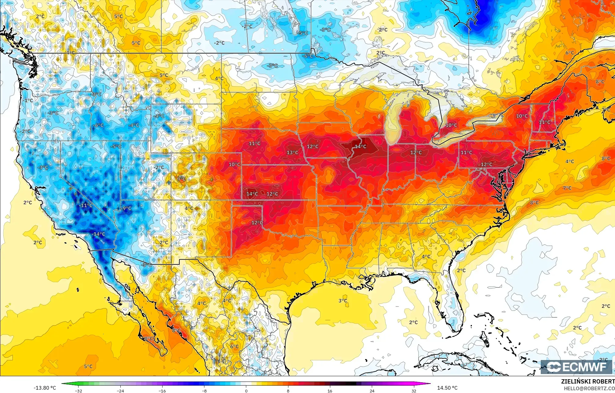 ECMWF IFS 0.25° modelo - Estados Unidos, Anomalía de temperatura a 2 m