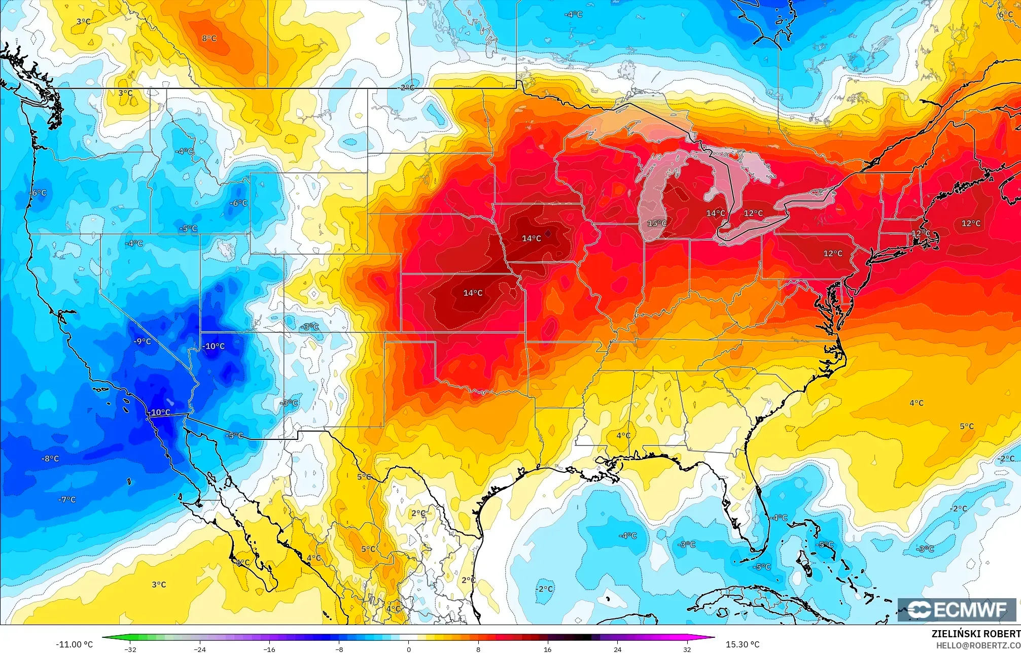 ECMWF IFS 0.25° modelo - Estados Unidos, Anomalía de temperatura a 850 hPa