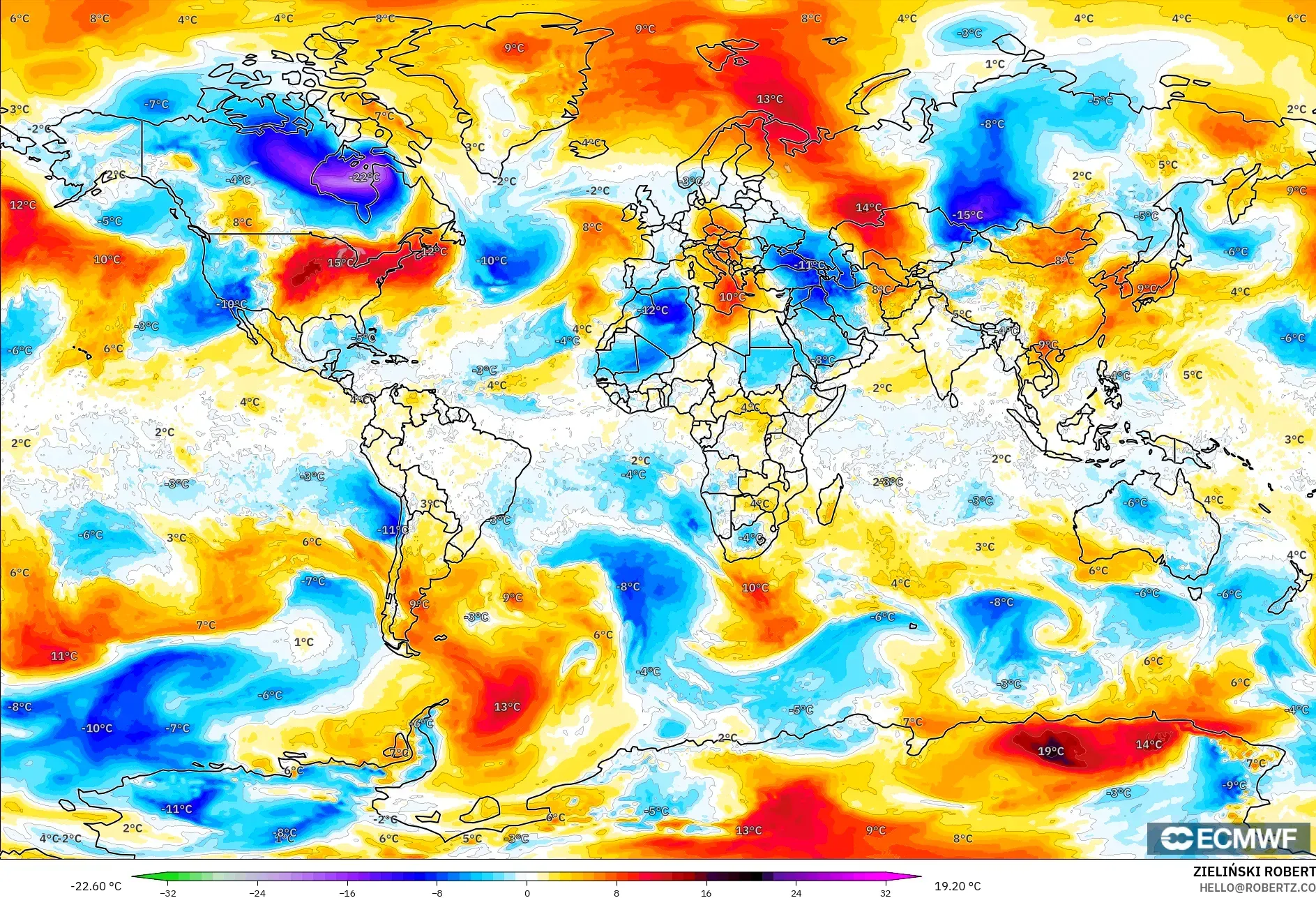 ECMWF IFS 0.25° modelo - Mundo, Anomalía de temperatura a 850 hPa