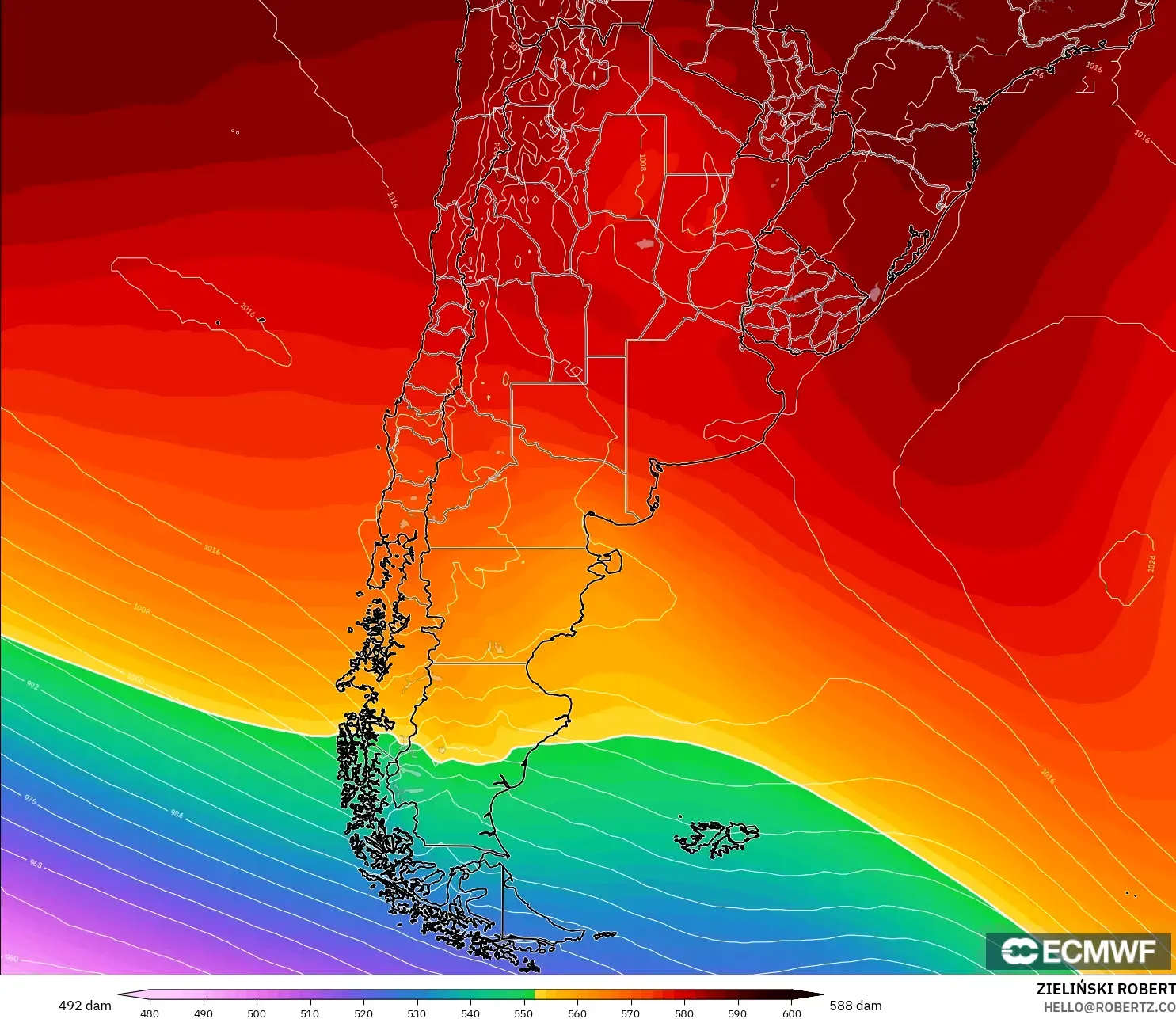 ECMWF IFS 0.25° modelo - Argentina, Altura geopotencial a 500 hPa