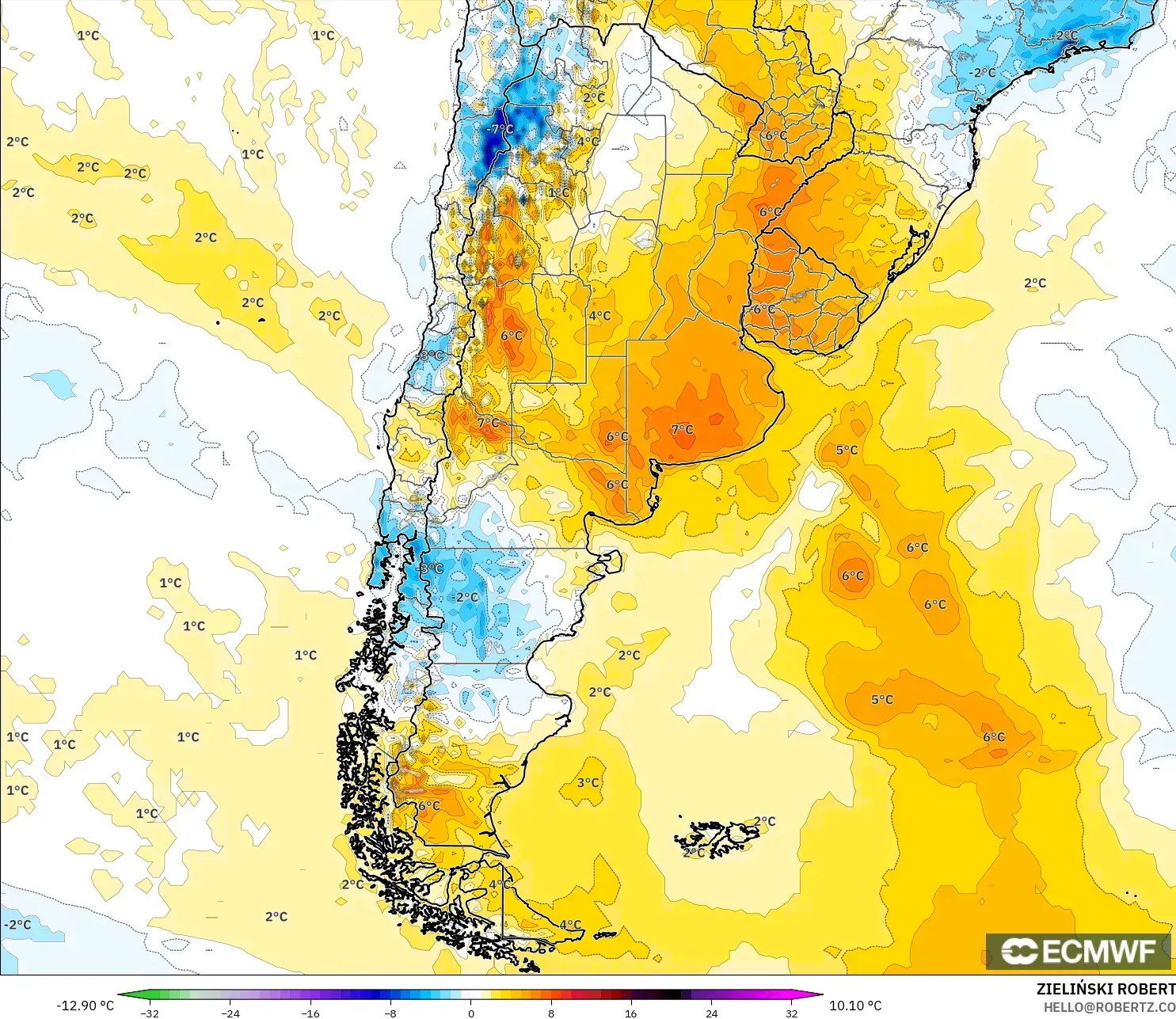 ECMWF IFS 0.25° modelo - Argentina, Anomalía de temperatura a 2 m