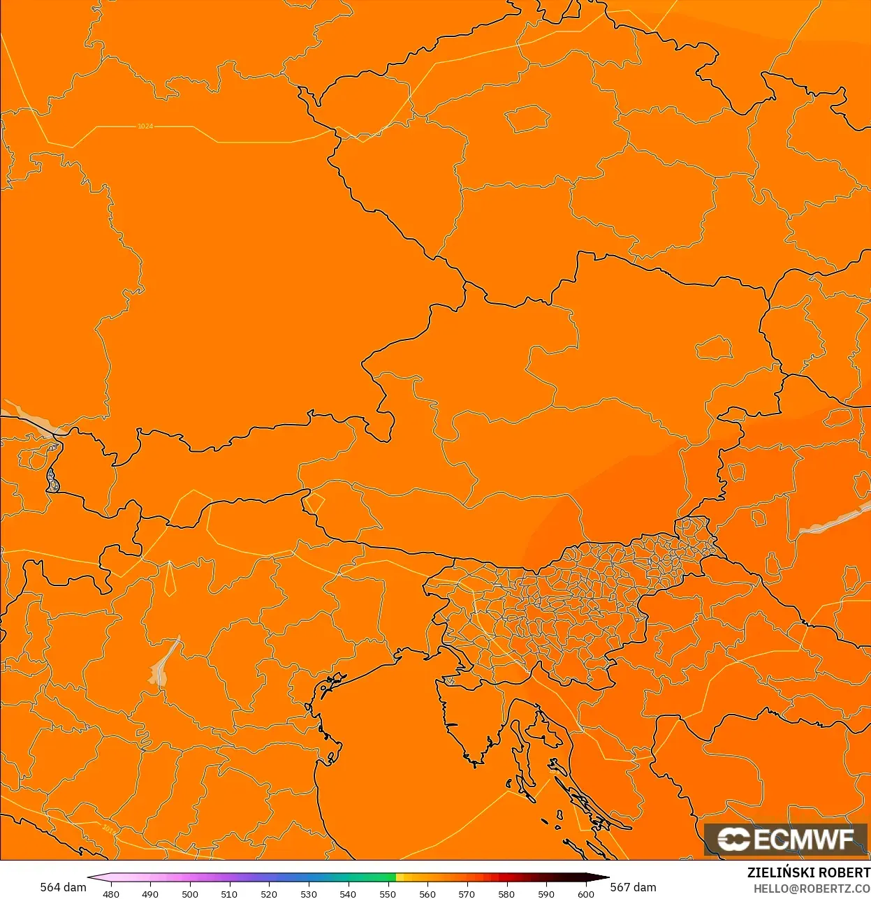 ECMWF IFS 0.25° modelo - Austria, Altura geopotencial a 500 hPa