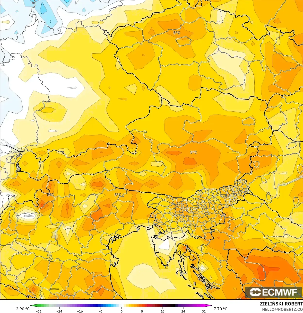 ECMWF IFS 0.25° modelo - Austria, Anomalía de temperatura a 2 m