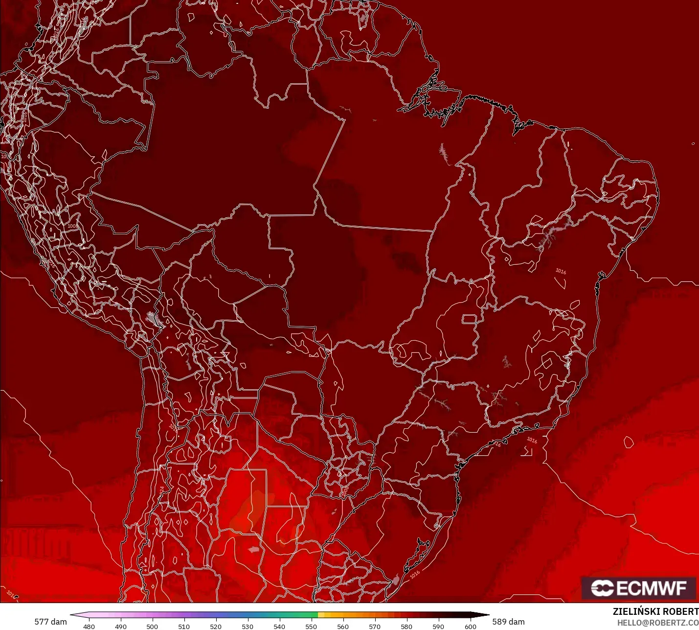 ECMWF IFS 0.25° modelo - Brasil, Altura geopotencial a 500 hPa