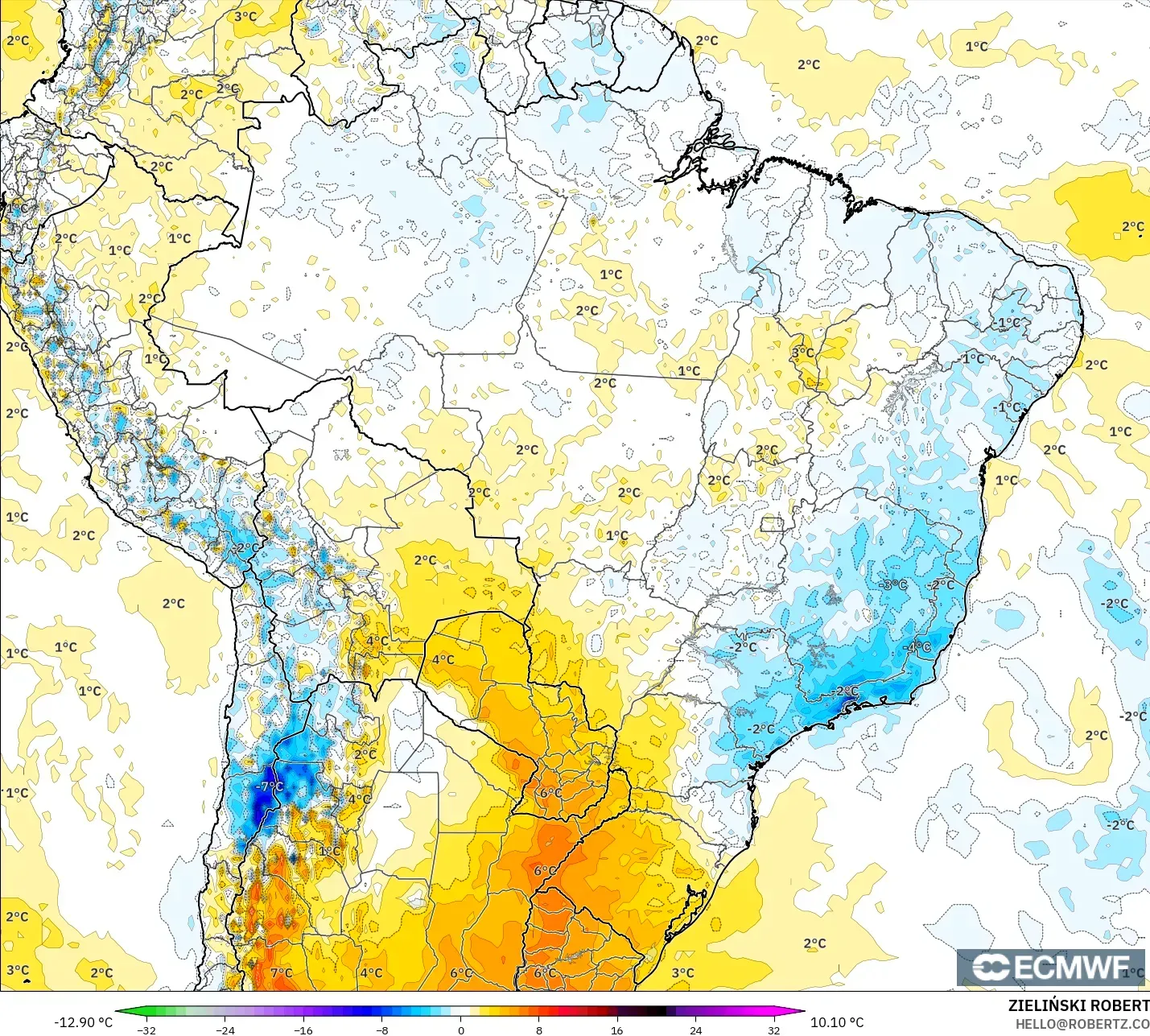 ECMWF IFS 0.25° modelo - Brasil, Anomalía de temperatura a 2 m