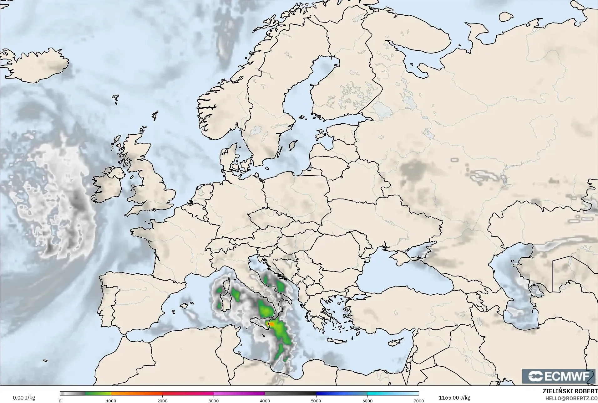 ECMWF IFS 0.25° modelo - Europa, CAPE