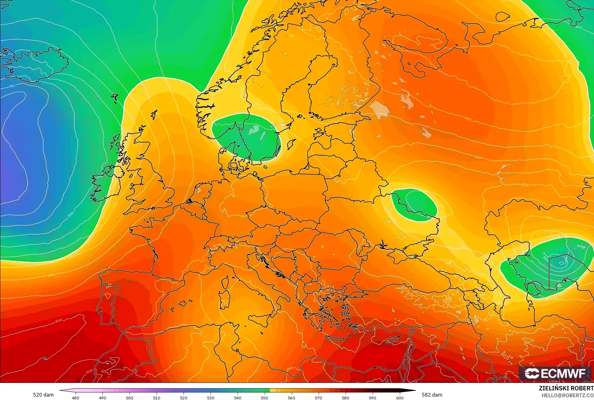 ECMWF IFS 0.25° modelo - Europa, Altura geopotencial a 500 hPa