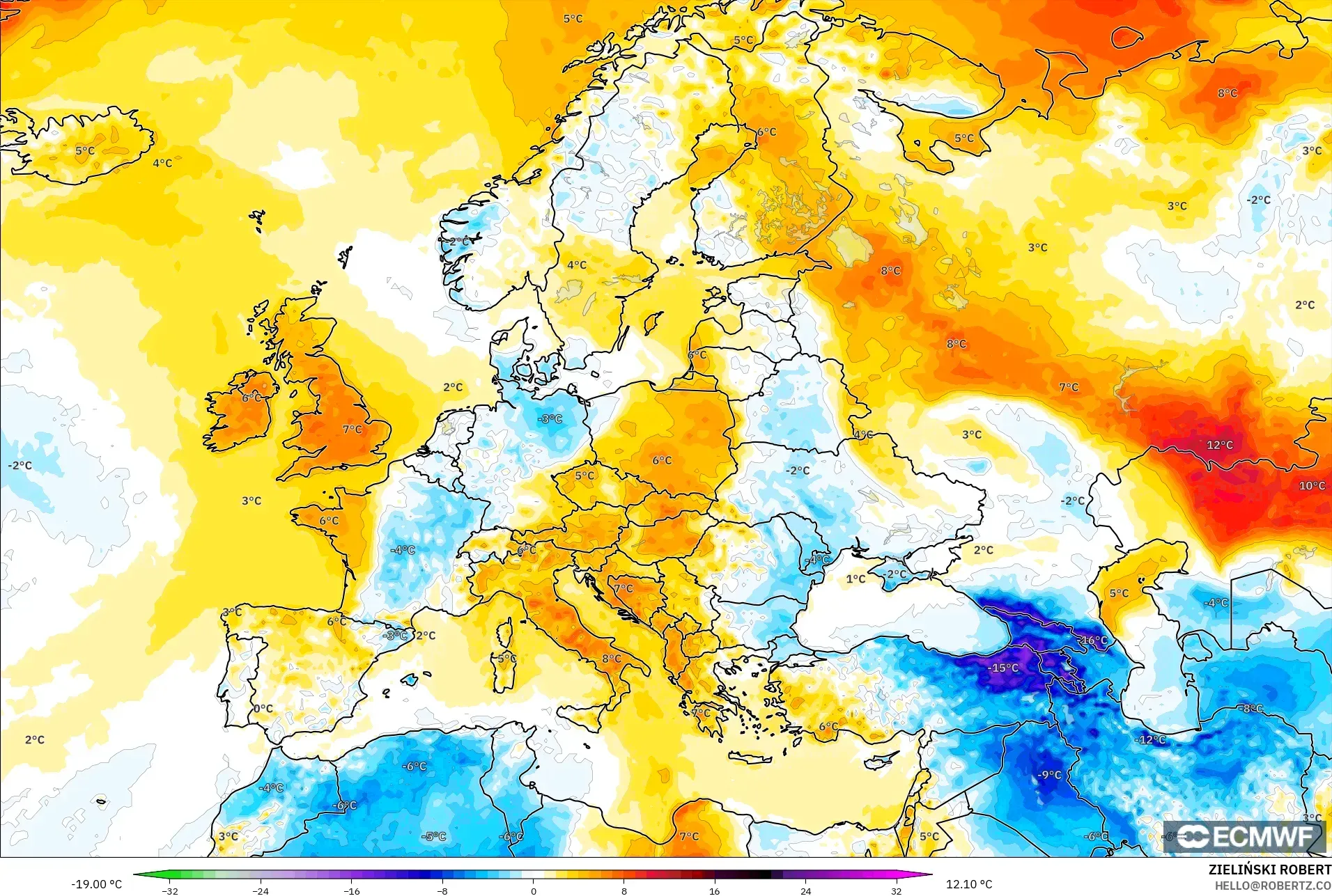 ECMWF IFS 0.25° modelo - Europa, Anomalía de temperatura a 2 m
