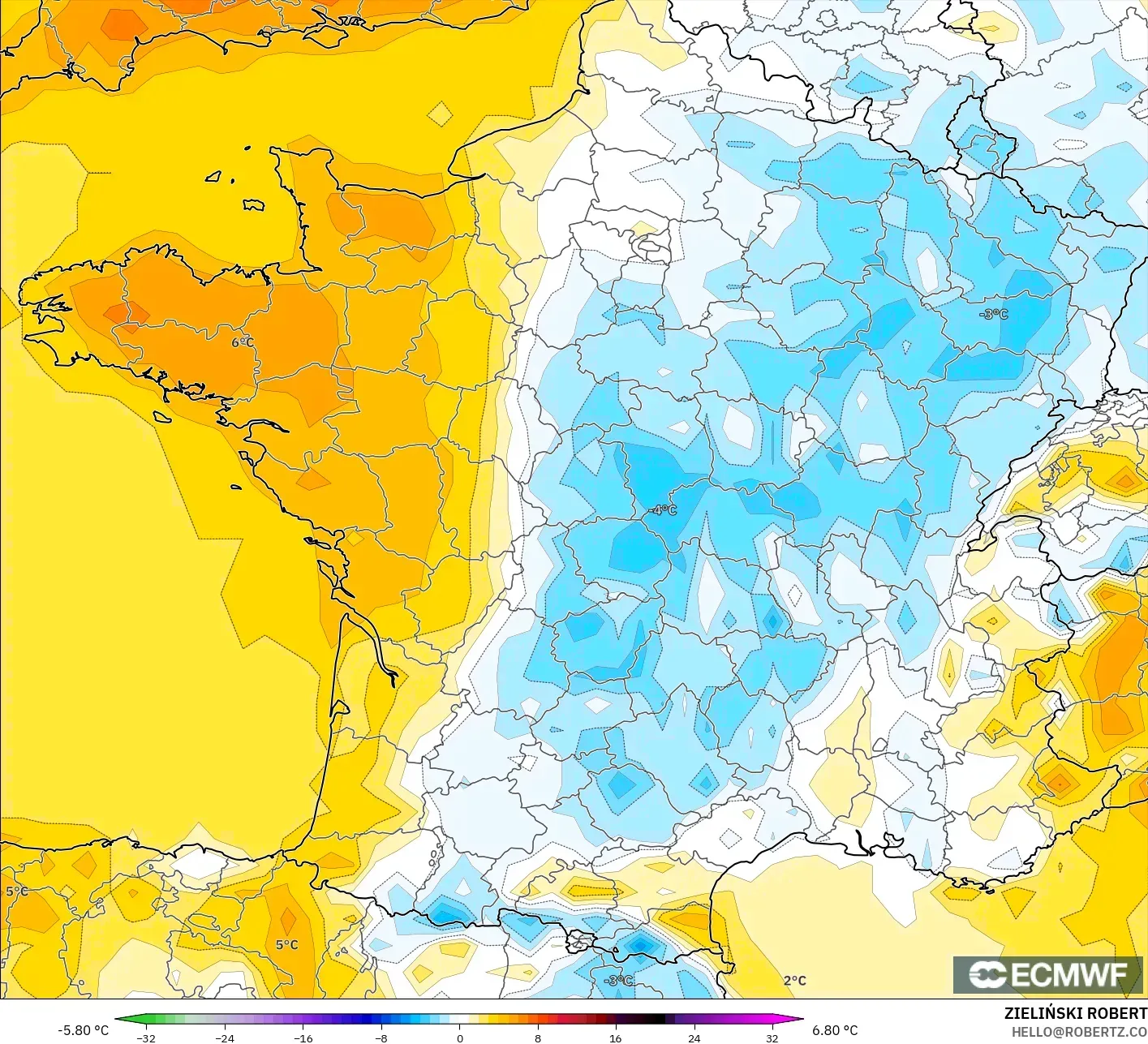 ECMWF IFS 0.25° modelo - Francia, Anomalía de temperatura a 2 m
