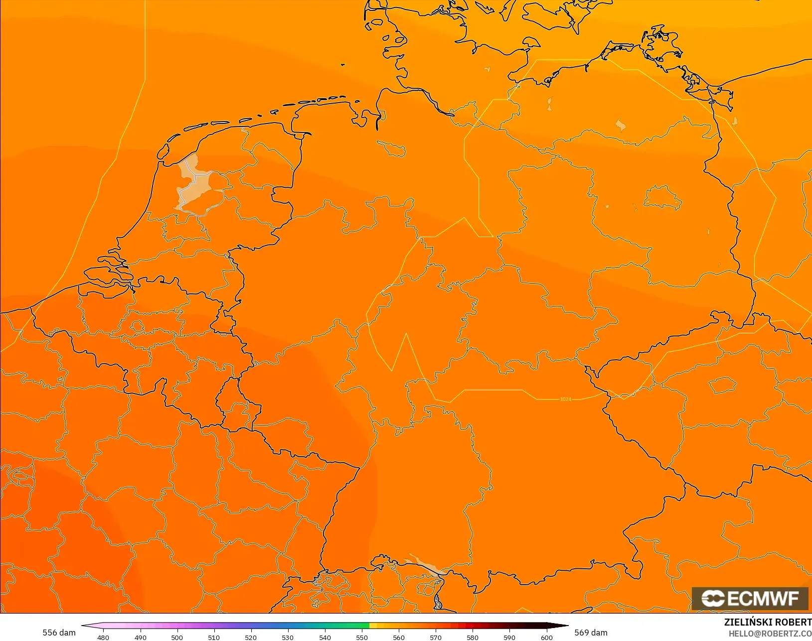 ECMWF IFS 0.25° modelo - Alemania, Altura geopotencial a 500 hPa