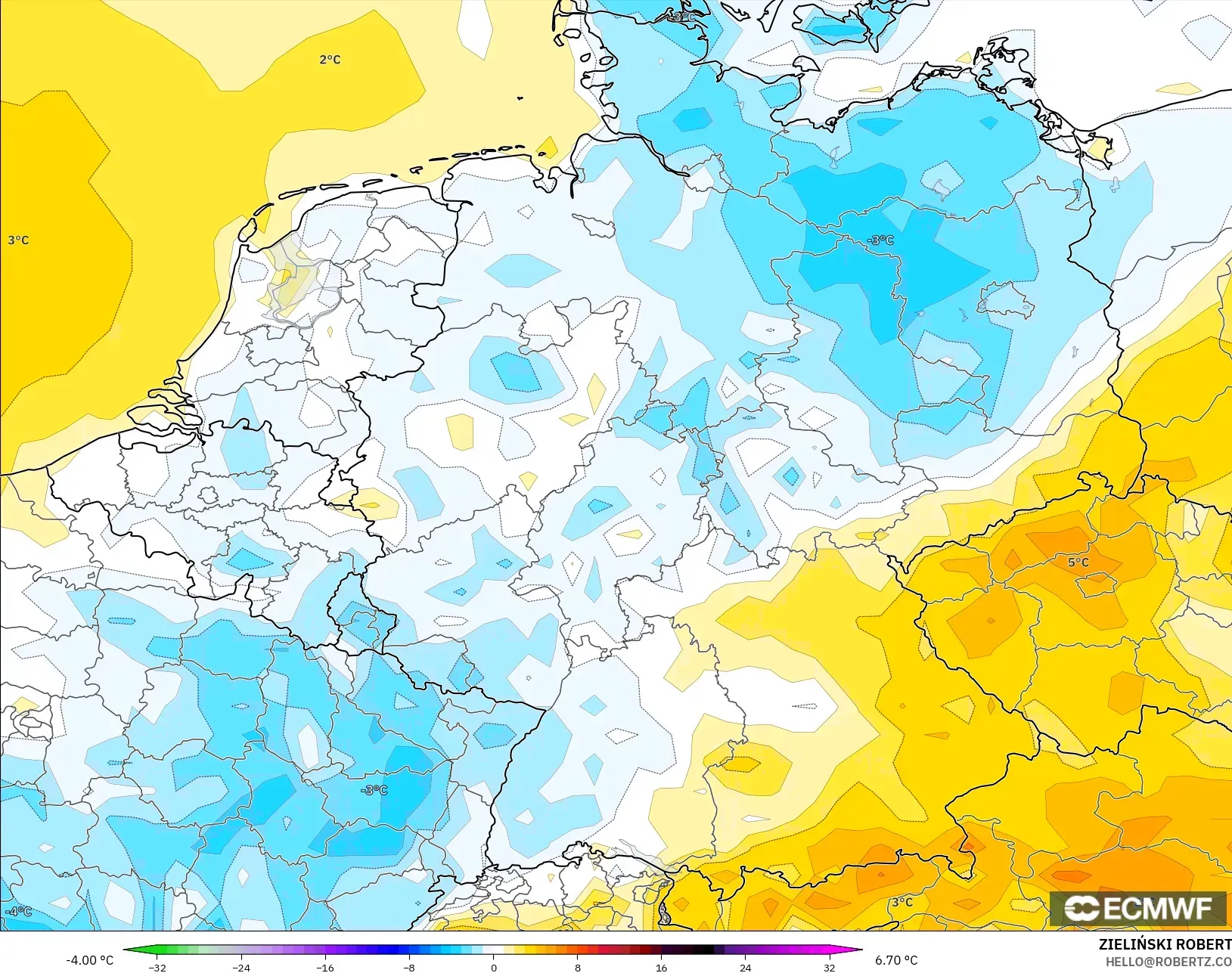ECMWF IFS 0.25° modelo - Alemania, Anomalía de temperatura a 2 m