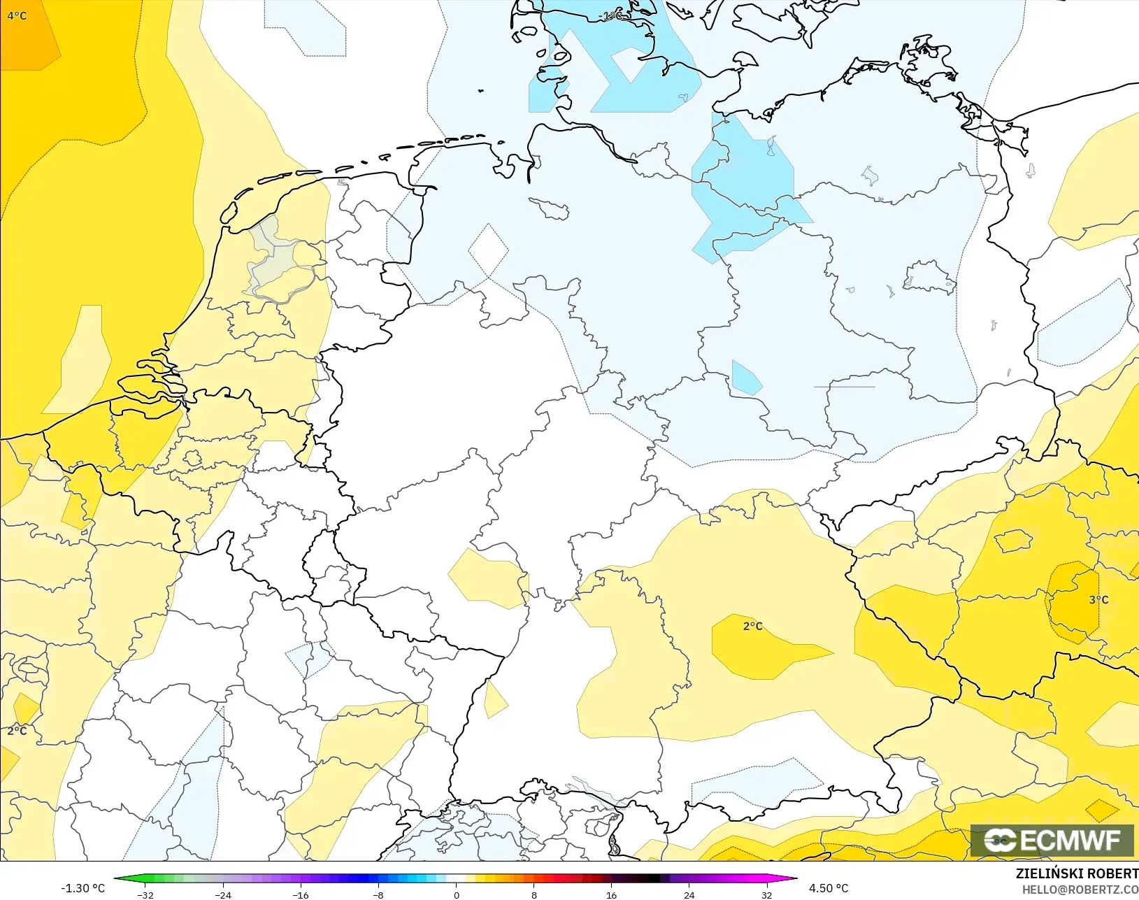 ECMWF IFS 0.25° modelo - Alemania, Anomalía de temperatura a 850 hPa