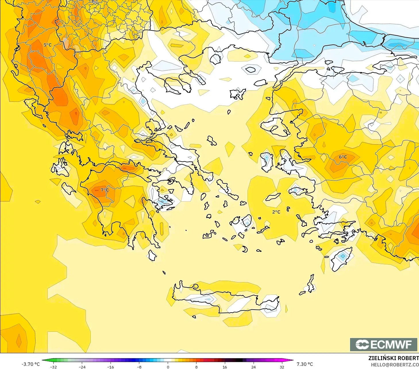 ECMWF IFS 0.25° modelo - Grecia, Anomalía de temperatura a 2 m
