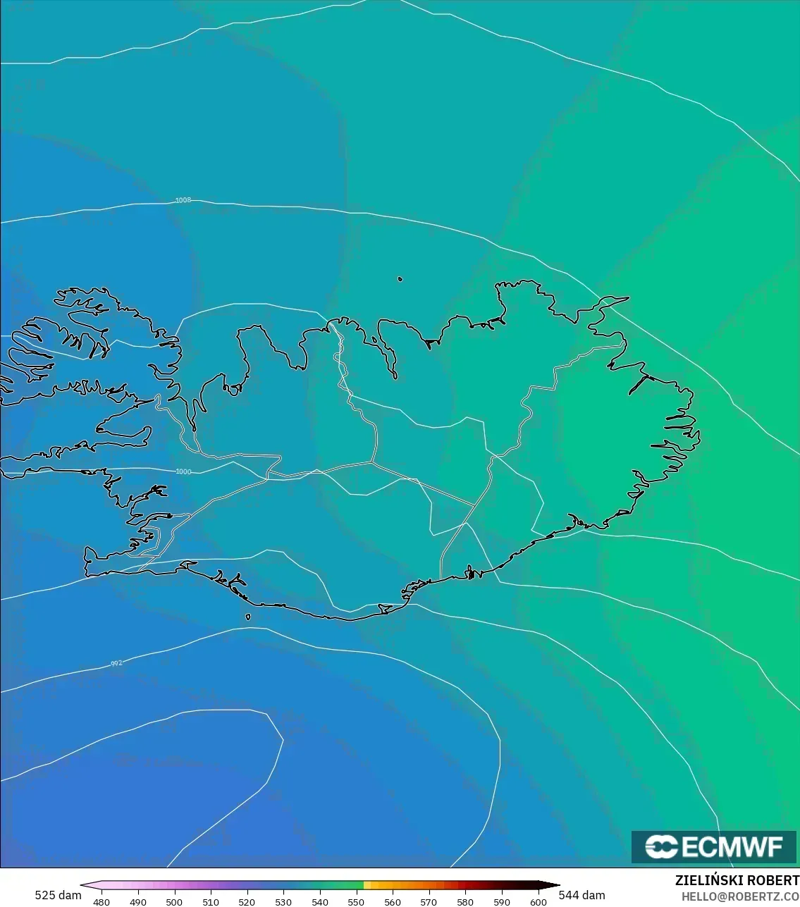 ECMWF IFS 0.25° modelo - Islandia, Altura geopotencial a 500 hPa