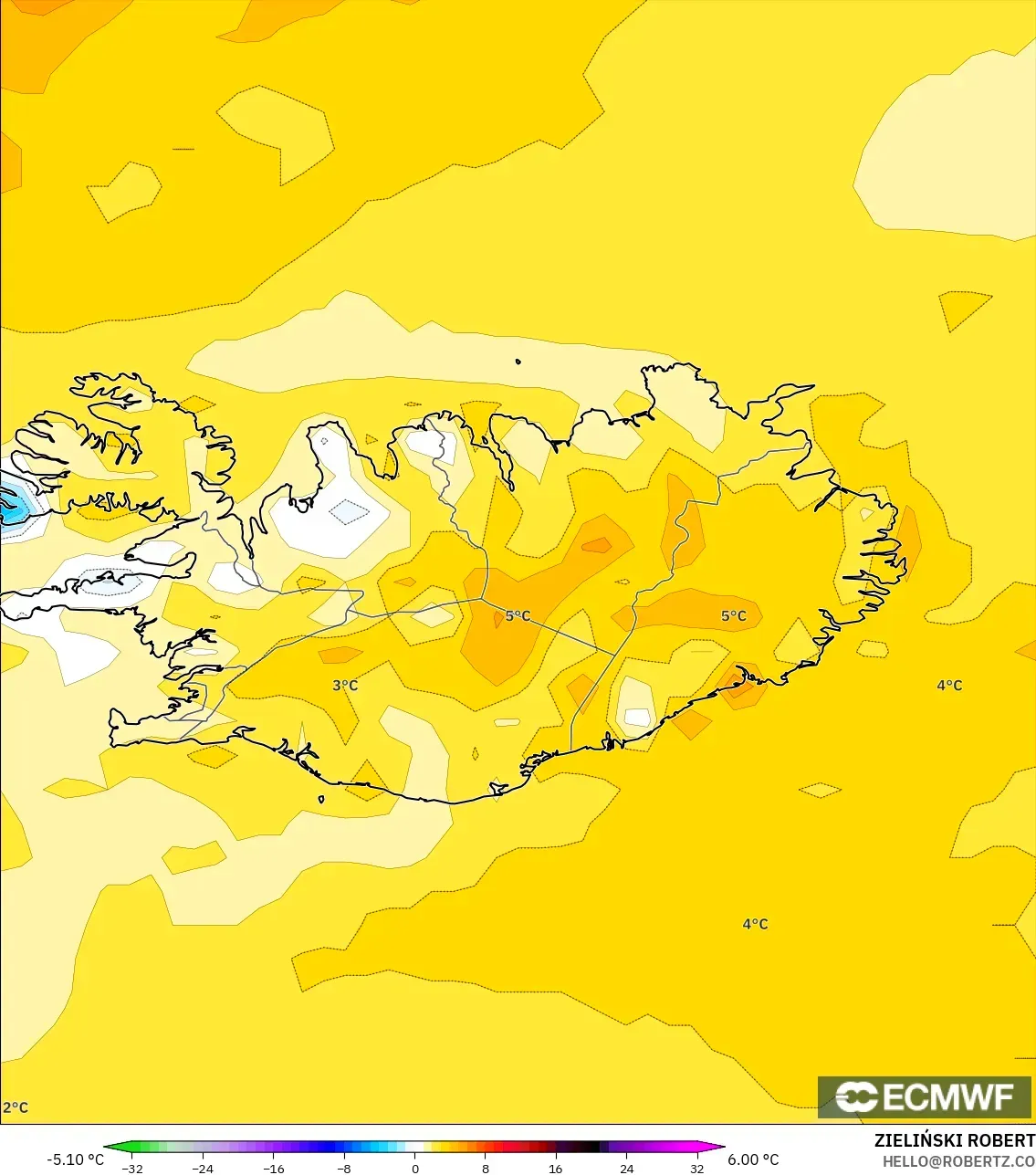 ECMWF IFS 0.25° modelo - Islandia, Anomalía de temperatura a 2 m