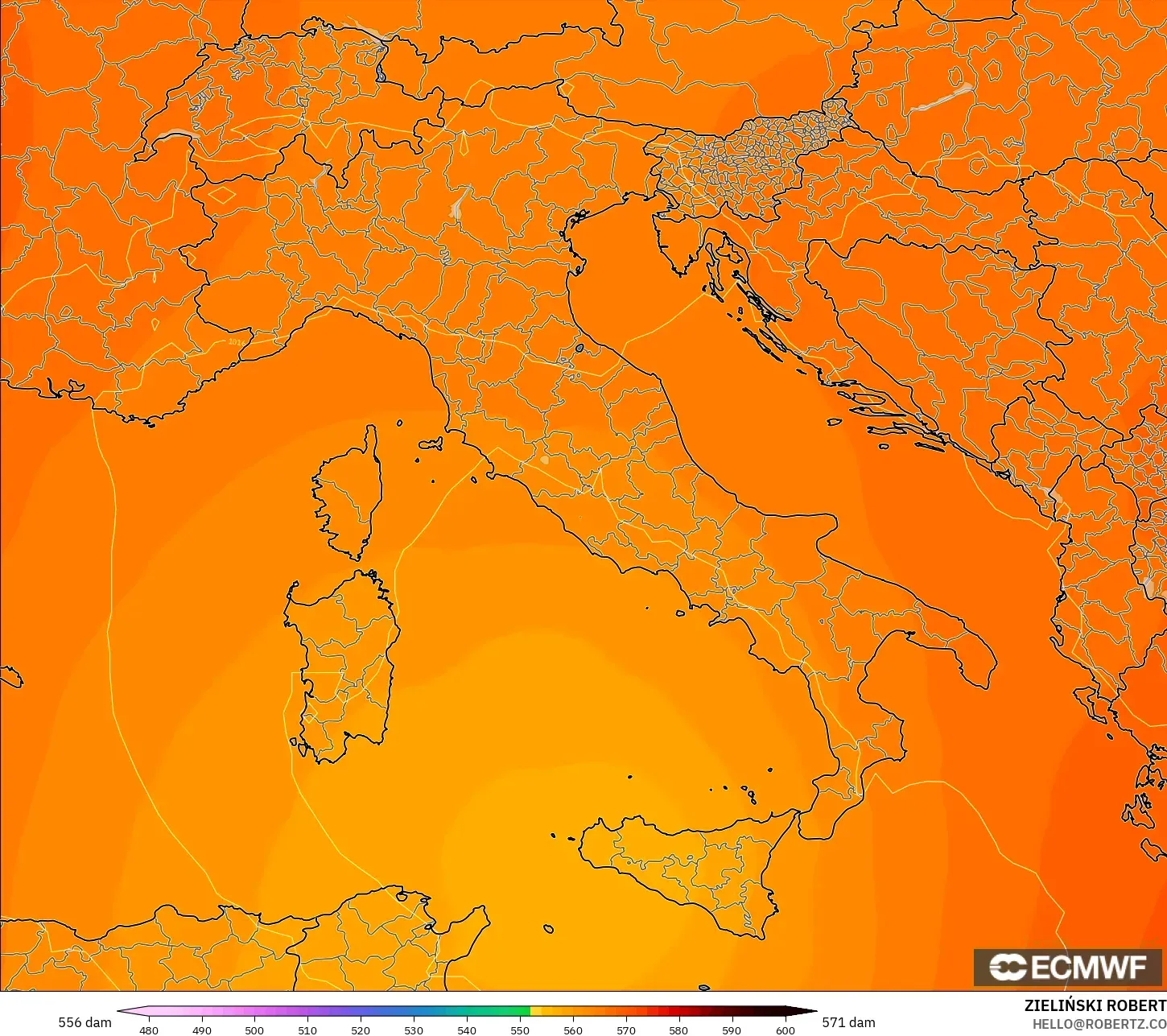 ECMWF IFS 0.25° modelo - Italia, Altura geopotencial a 500 hPa