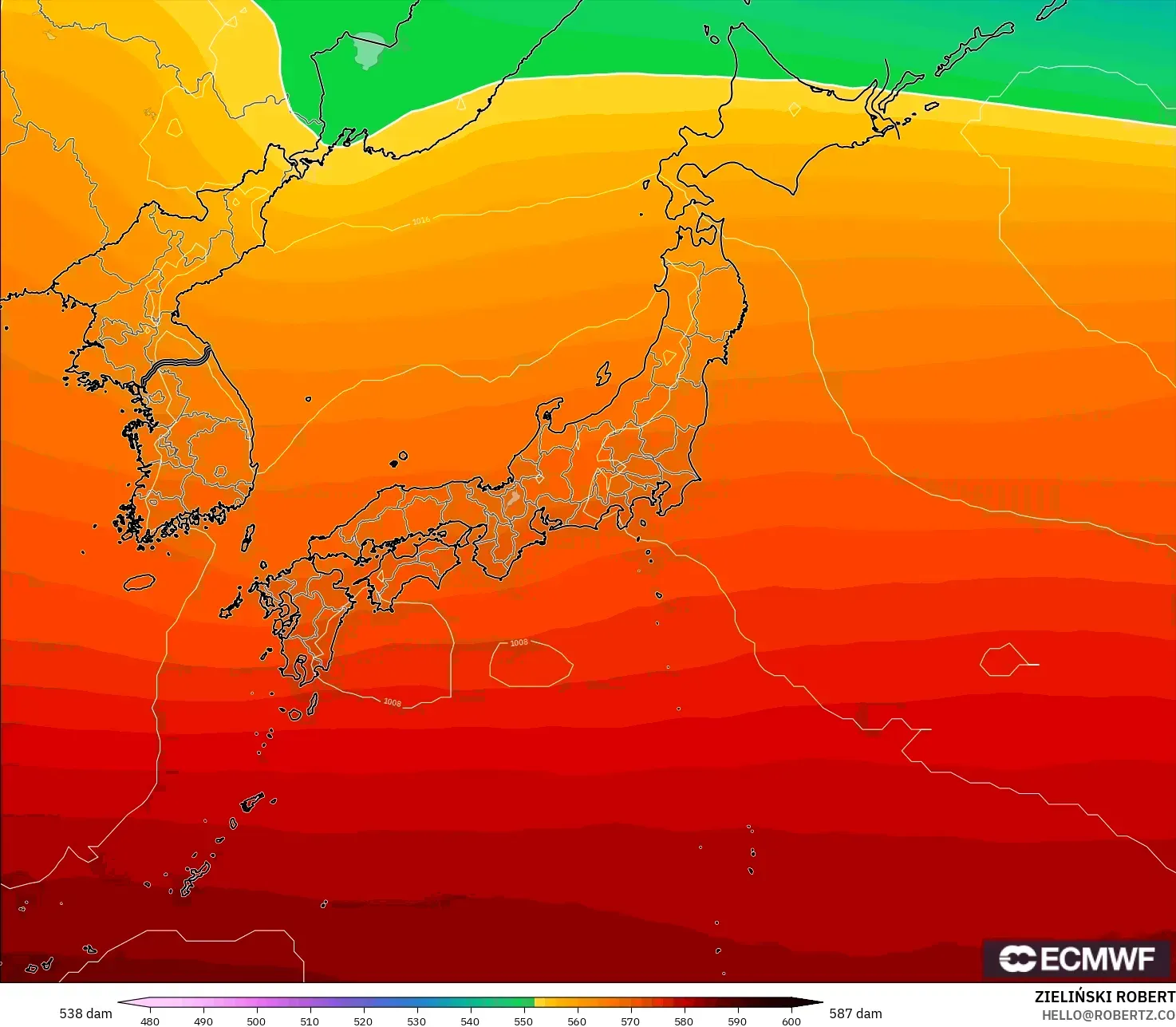 ECMWF IFS 0.25° modelo - Japón, Altura geopotencial a 500 hPa
