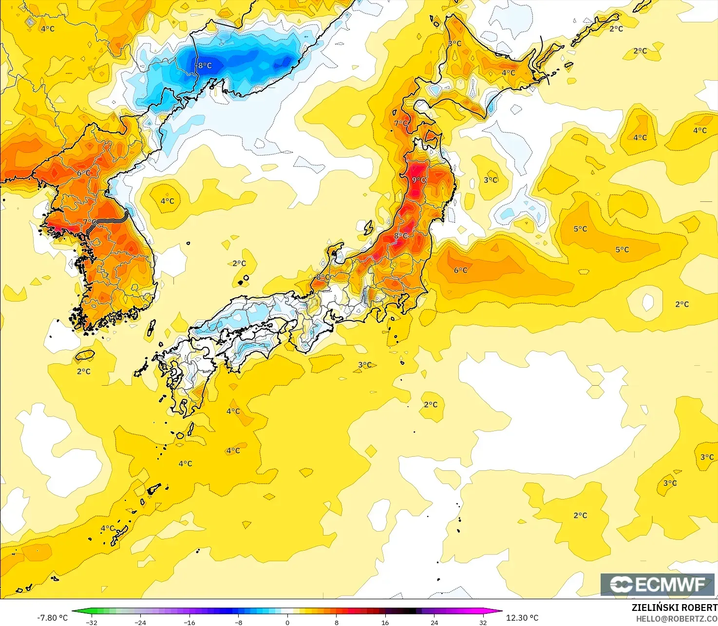 ECMWF IFS 0.25° modelo - Japón, Anomalía de temperatura a 2 m