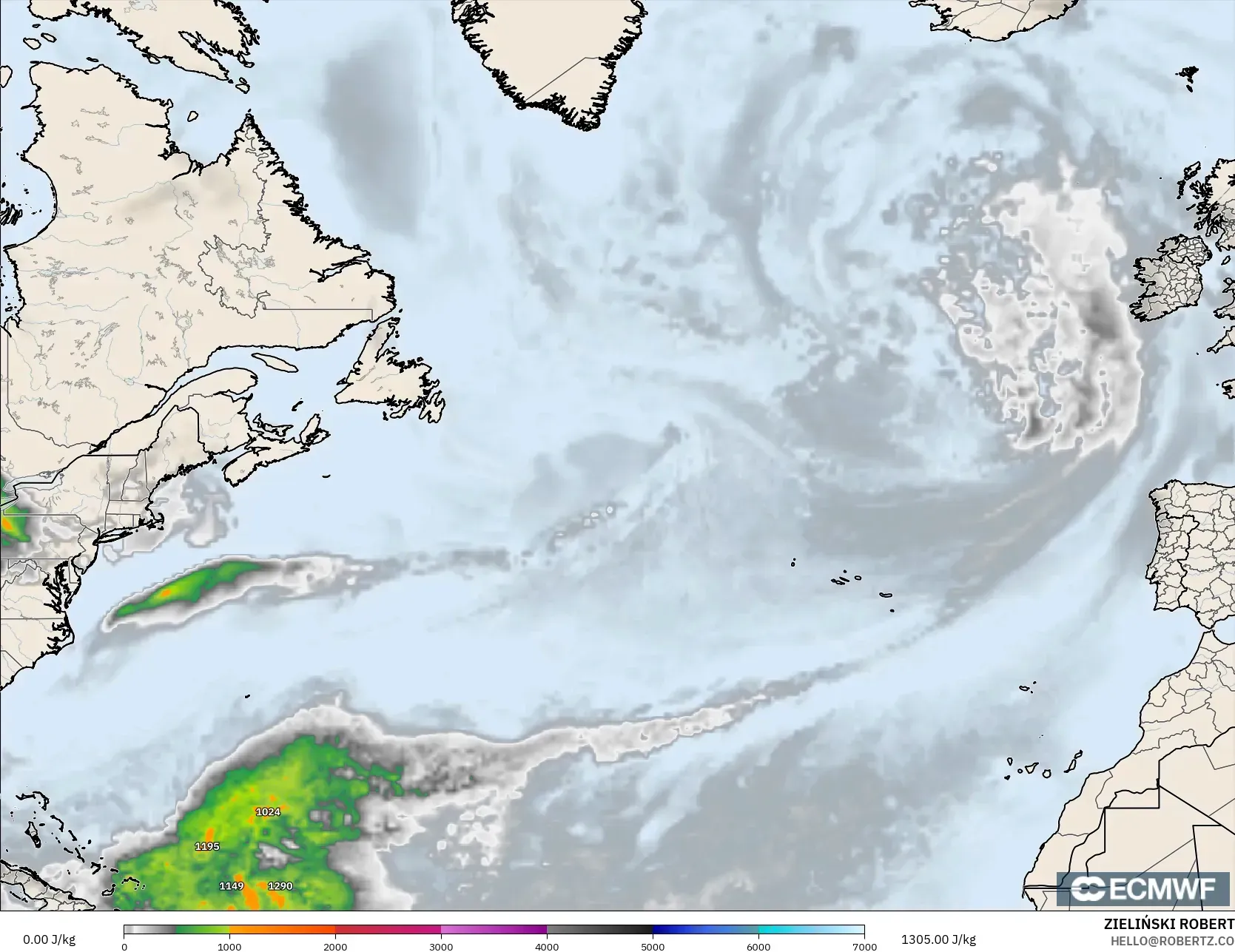 ECMWF IFS 0.25° modelo - Norte Atlántico, CAPE