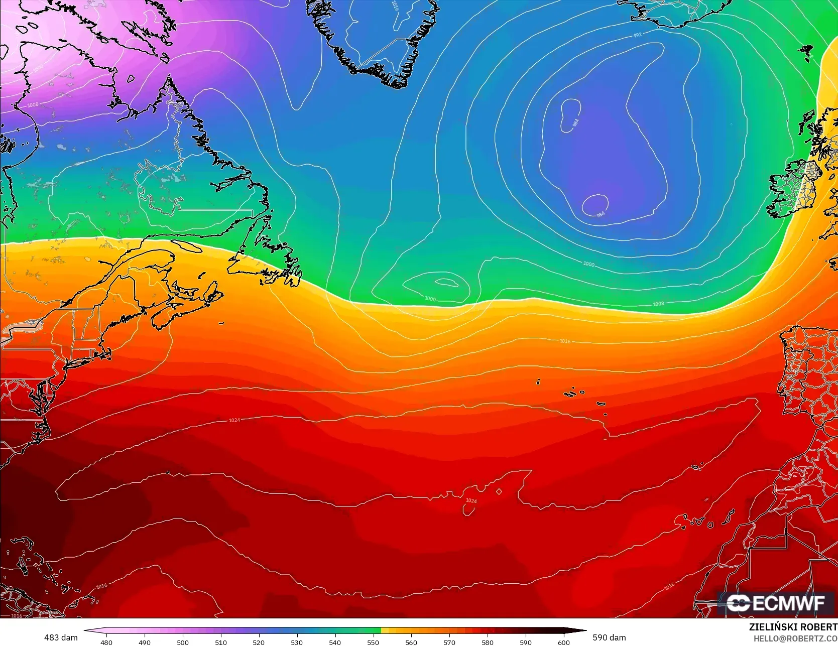 ECMWF IFS 0.25° modelo - Norte Atlántico, Altura geopotencial a 500 hPa
