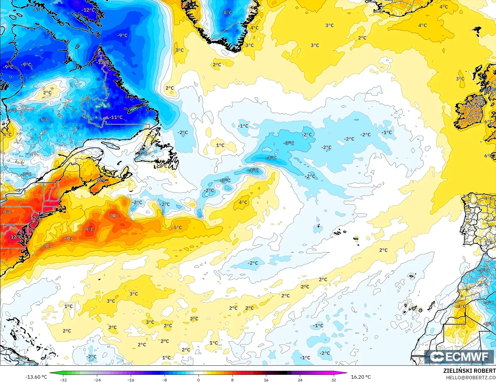 ECMWF IFS 0.25° modelo - Norte Atlántico, Anomalía de temperatura a 2 m