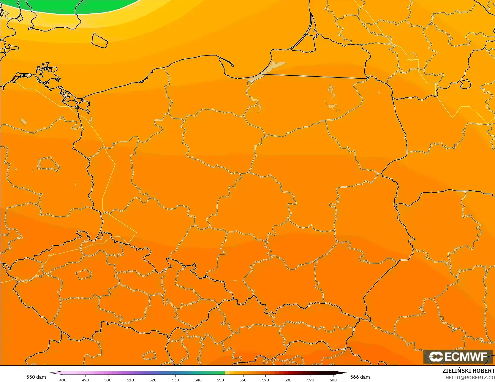 ECMWF IFS 0.25° modelo - Polonia, Altura geopotencial a 500 hPa