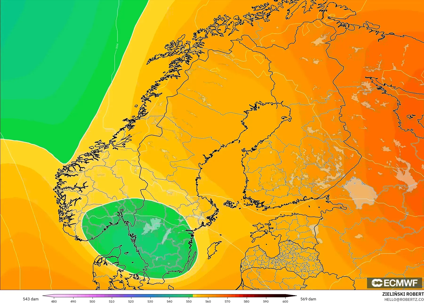 ECMWF IFS 0.25° modelo - Escandinavia, Altura geopotencial a 500 hPa