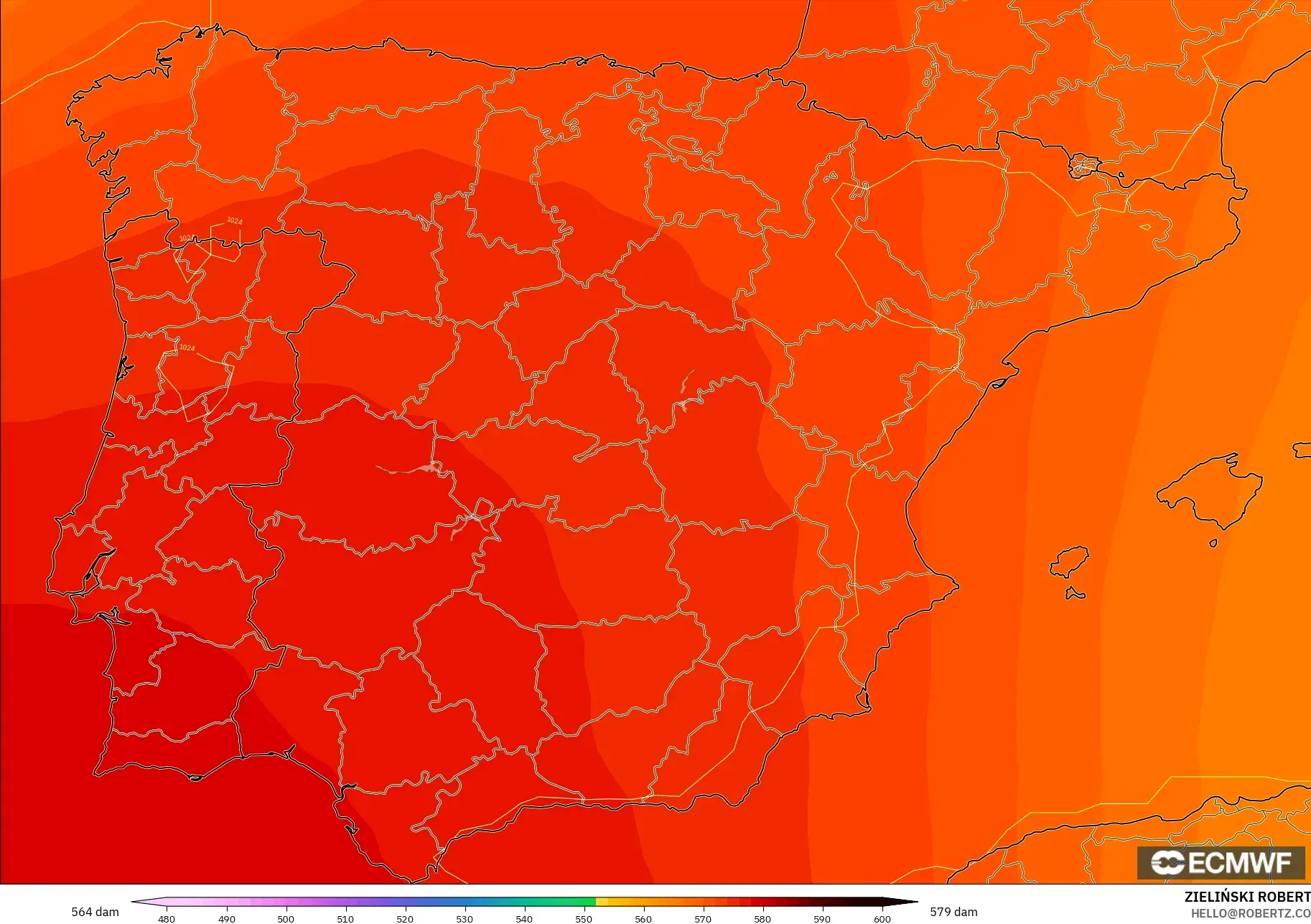 ECMWF IFS 0.25° modelo - España, Altura geopotencial a 500 hPa