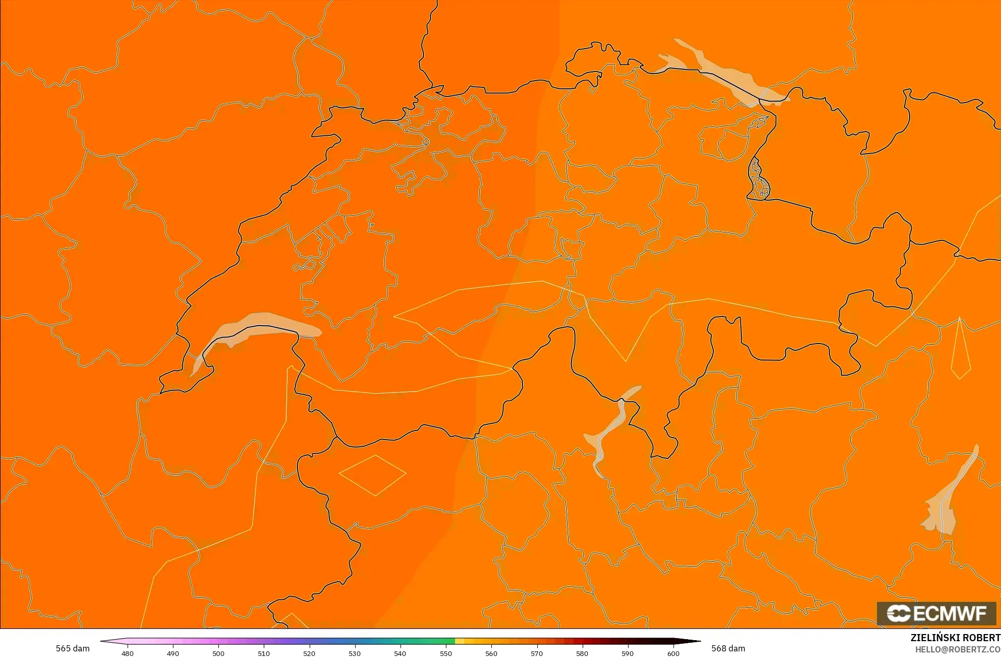 ECMWF IFS 0.25° modelo - Suiza, Altura geopotencial a 500 hPa