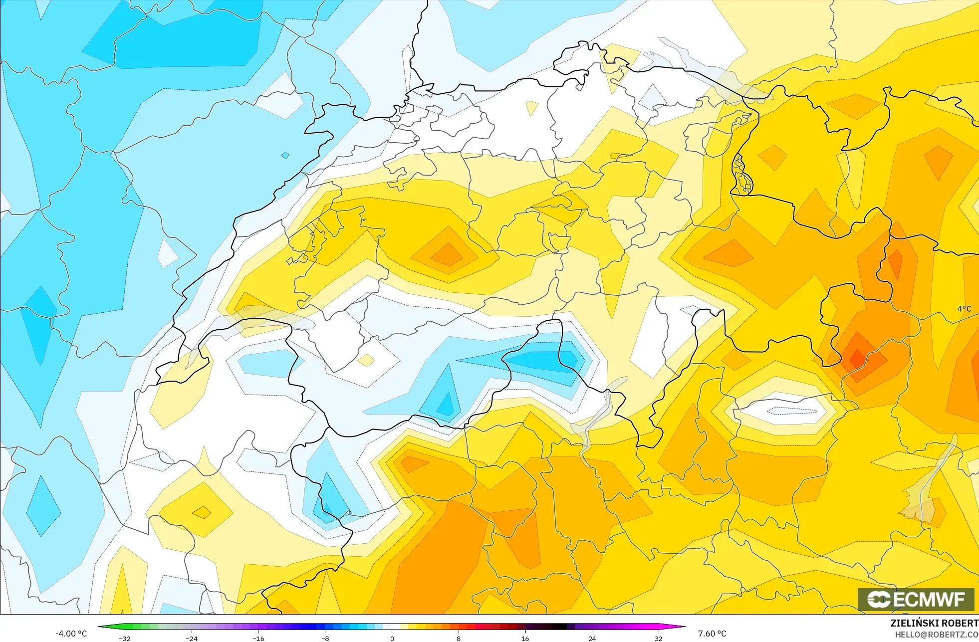 ECMWF IFS 0.25° modelo - Suiza, Anomalía de temperatura a 2 m