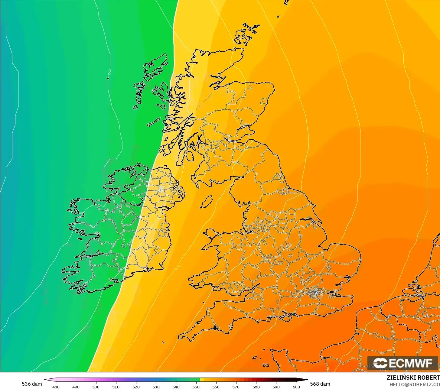 ECMWF IFS 0.25° modelo - Reino Unido, Altura geopotencial a 500 hPa