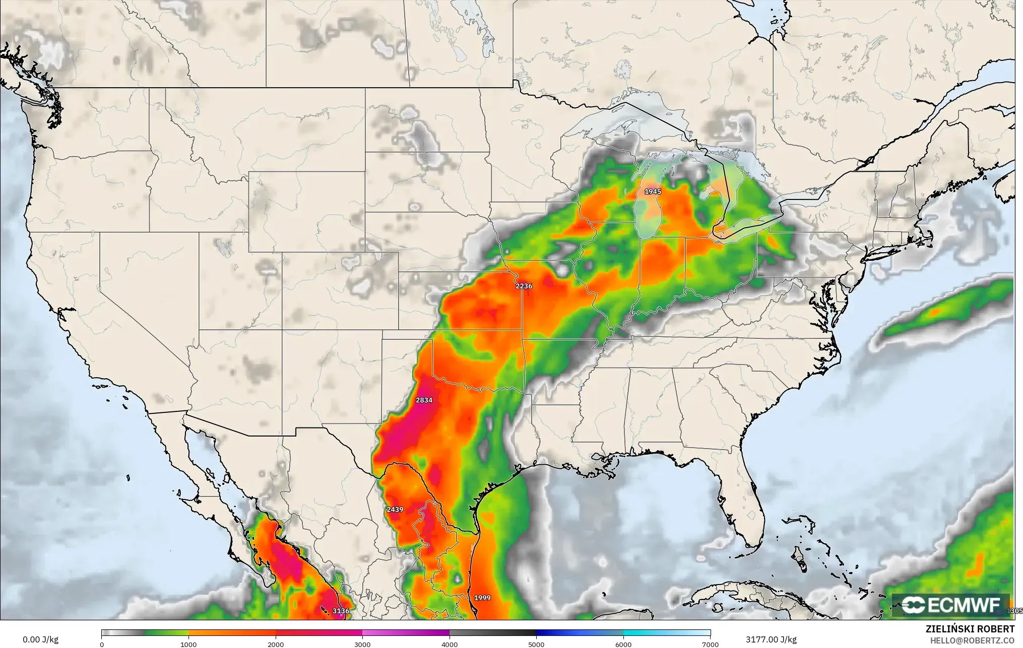 ECMWF IFS 0.25° modelo - Estados Unidos, CAPE