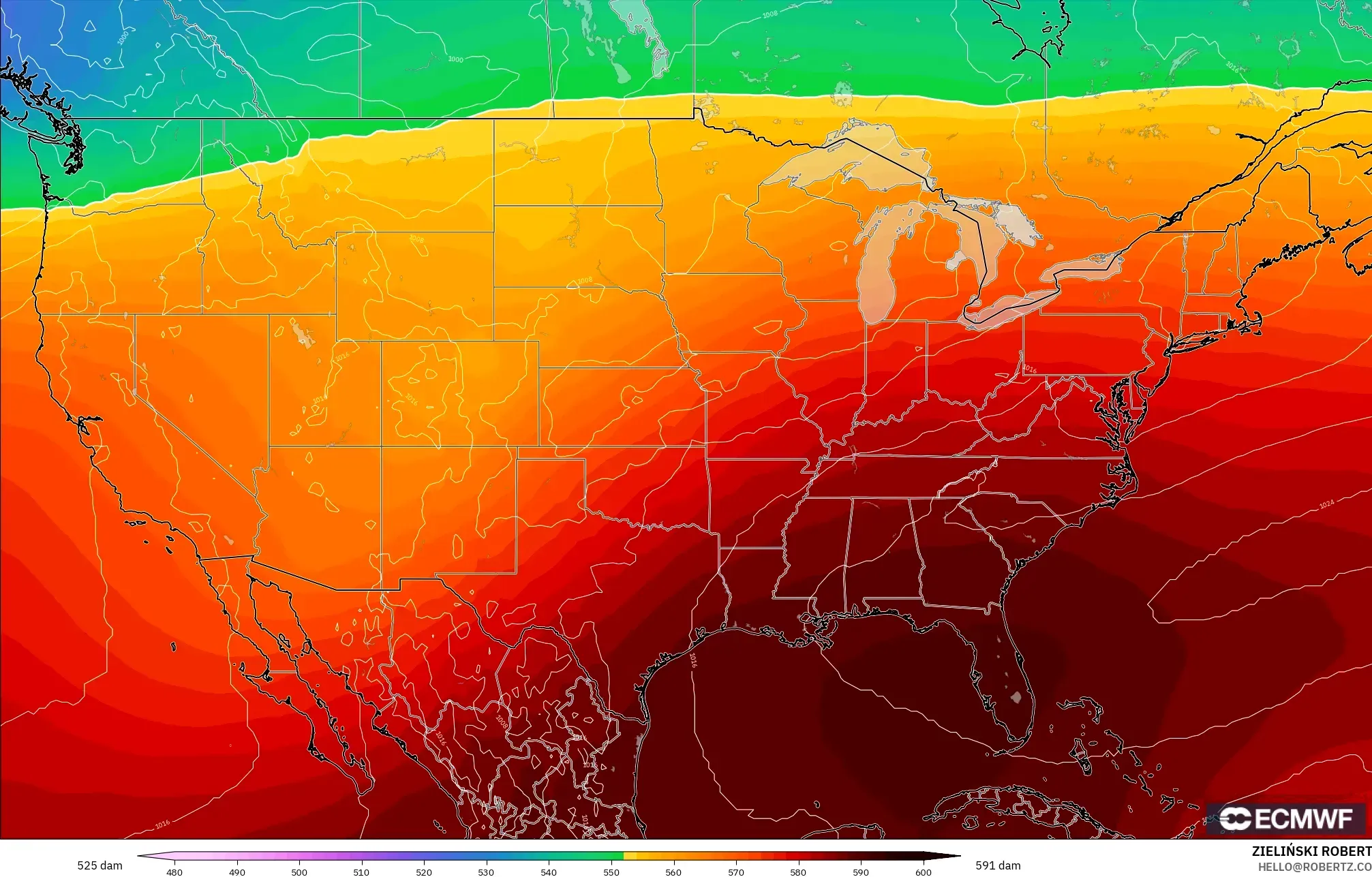 ECMWF IFS 0.25° modelo - Estados Unidos, Altura geopotencial a 500 hPa