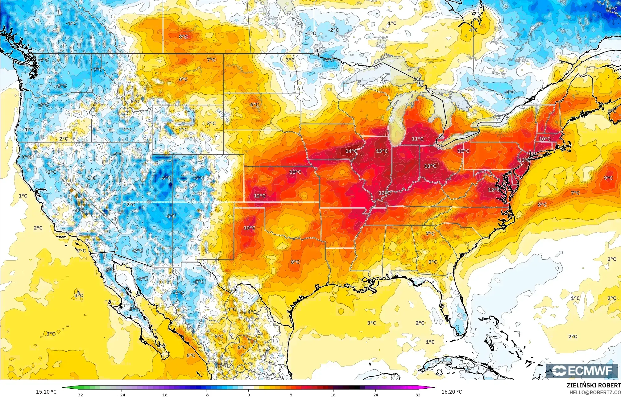 ECMWF IFS 0.25° modelo - Estados Unidos, Anomalía de temperatura a 2 m