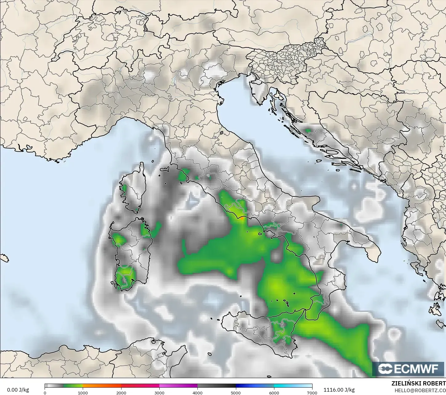 ECMWF IFS 0.25° modelo - Italia, CAPE