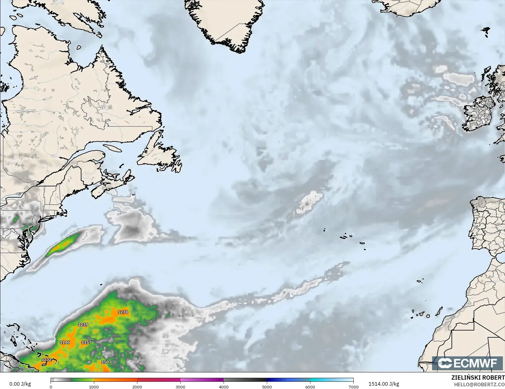 ECMWF IFS 0.25° modelo - Norte Atlántico, CAPE
