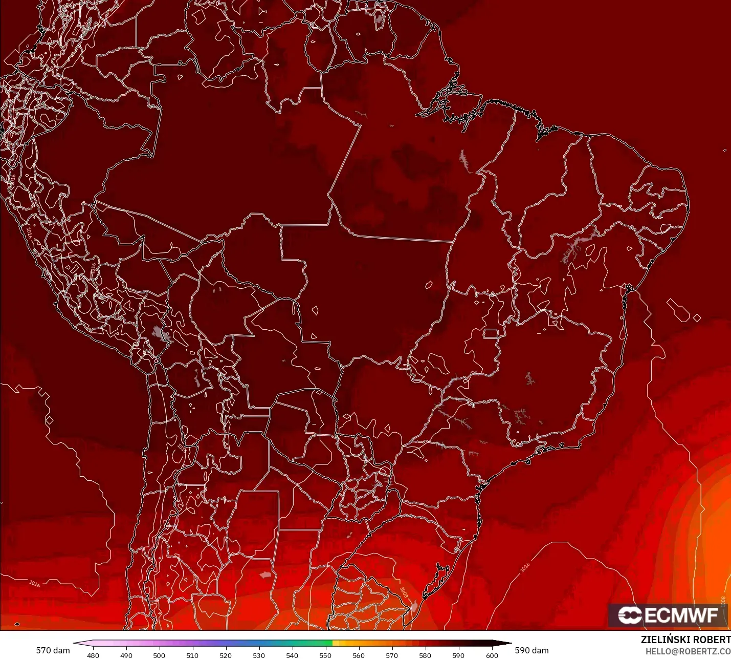 ECMWF IFS 0.25° modelo - Brasil, Altura geopotencial a 500 hPa