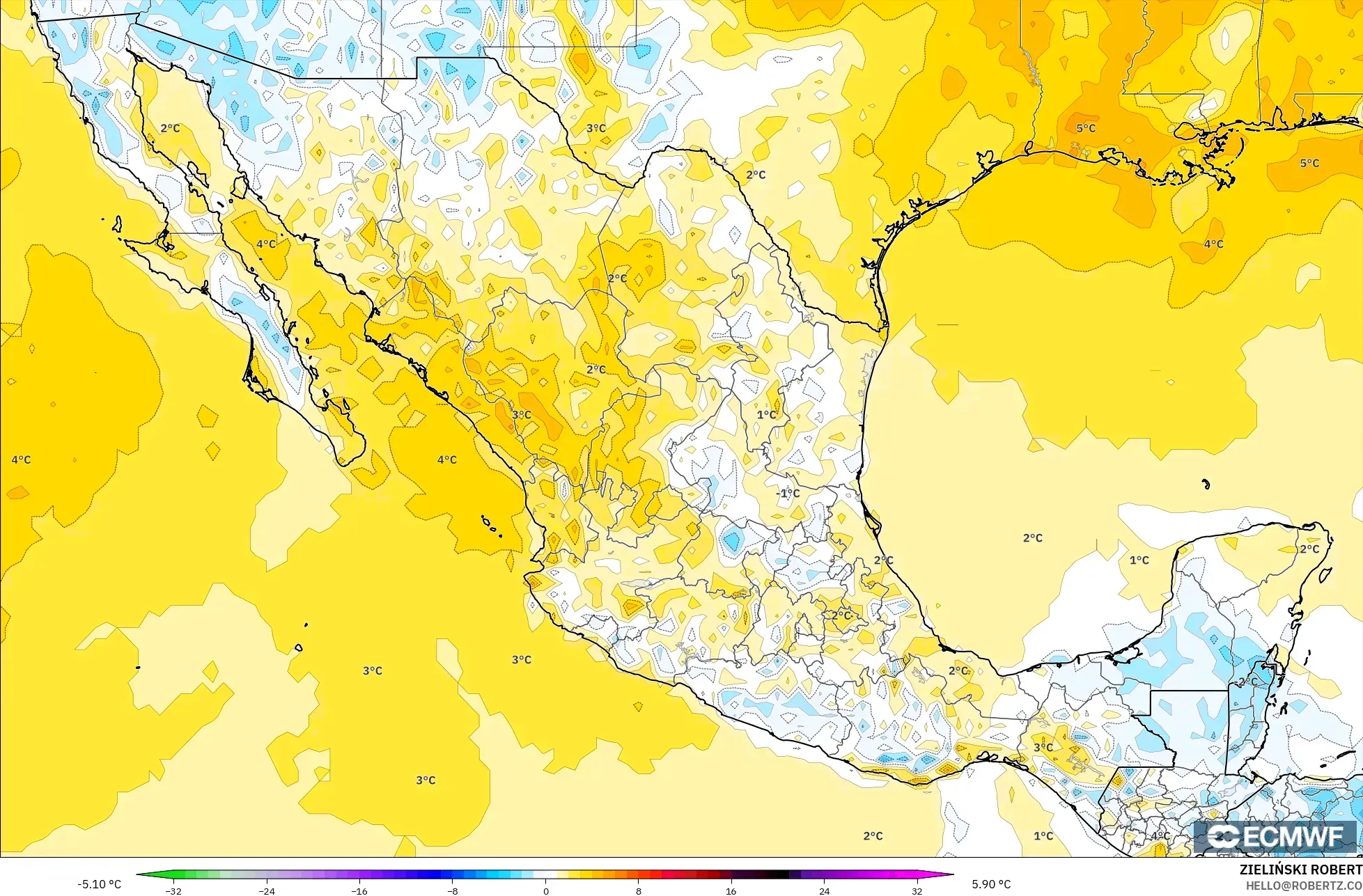 ECMWF IFS 0.25° modelo - México, Anomalía de temperatura a 2 m