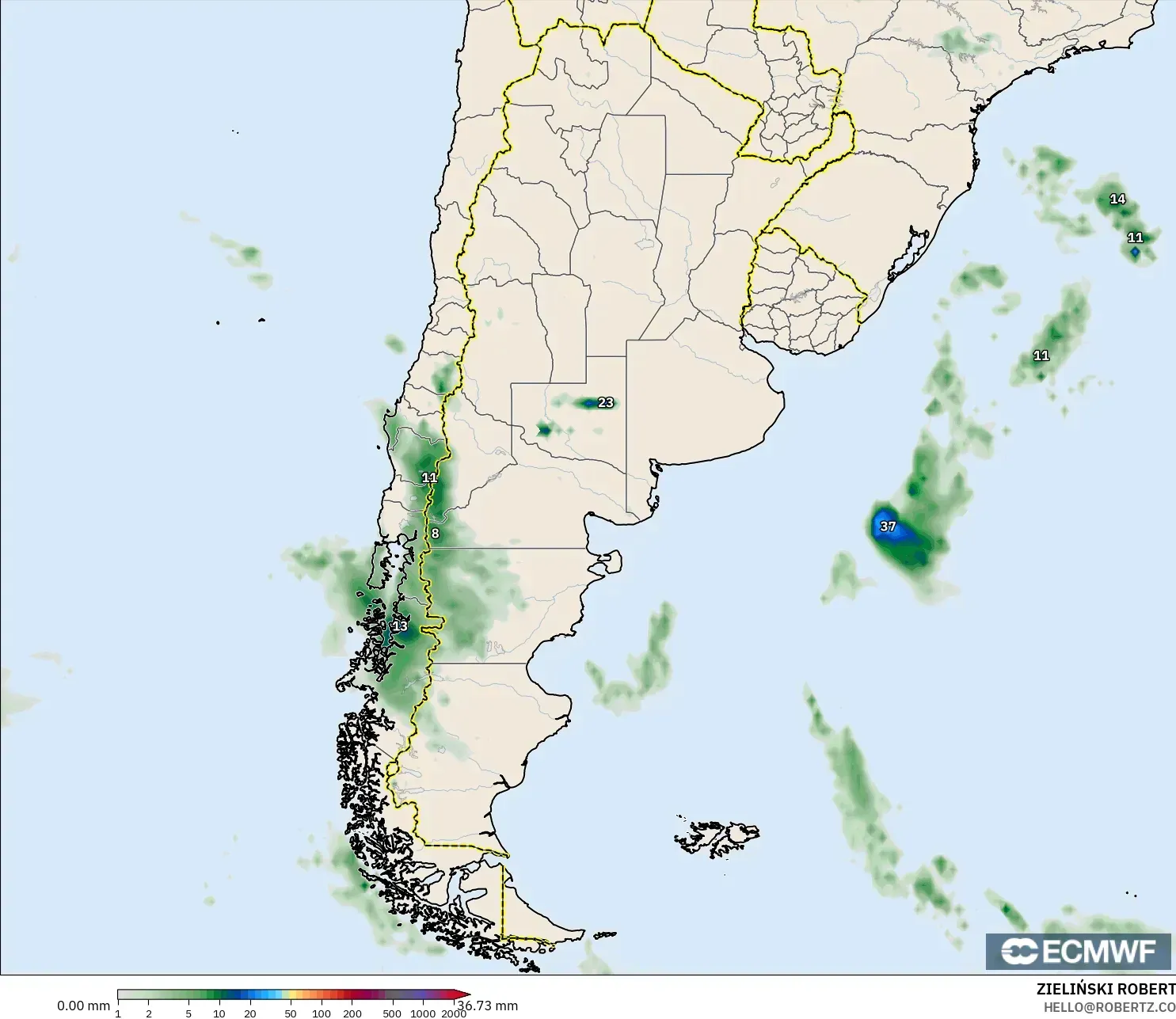 ECMWF IFS 0.25° modelo - Argentina, Acumulación de precipitación