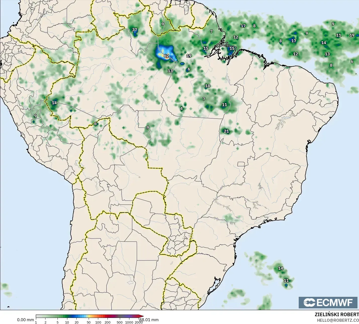 ECMWF IFS 0.25° modelo - Brasil, Acumulación de precipitación
