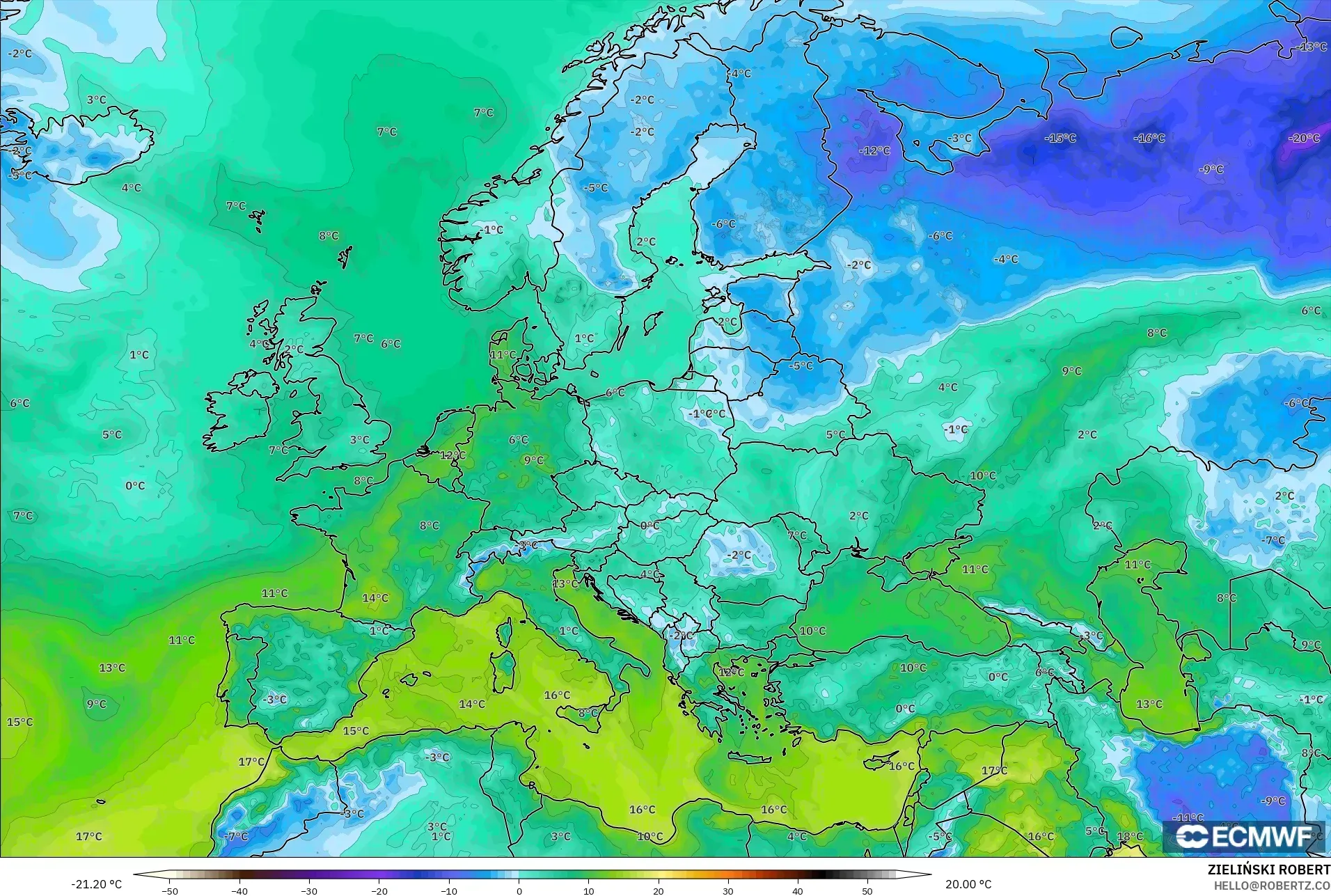 ECMWF IFS 0.25° modelo - Europa, Punto de rocío a 2 m