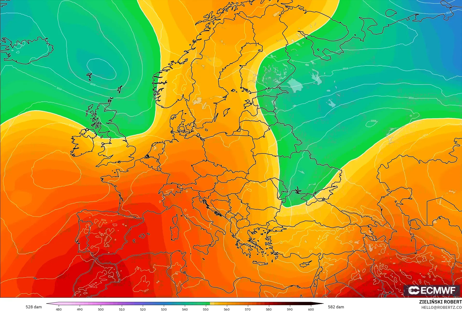 ECMWF IFS 0.25° modelo - Europa, Altura geopotencial a 500 hPa