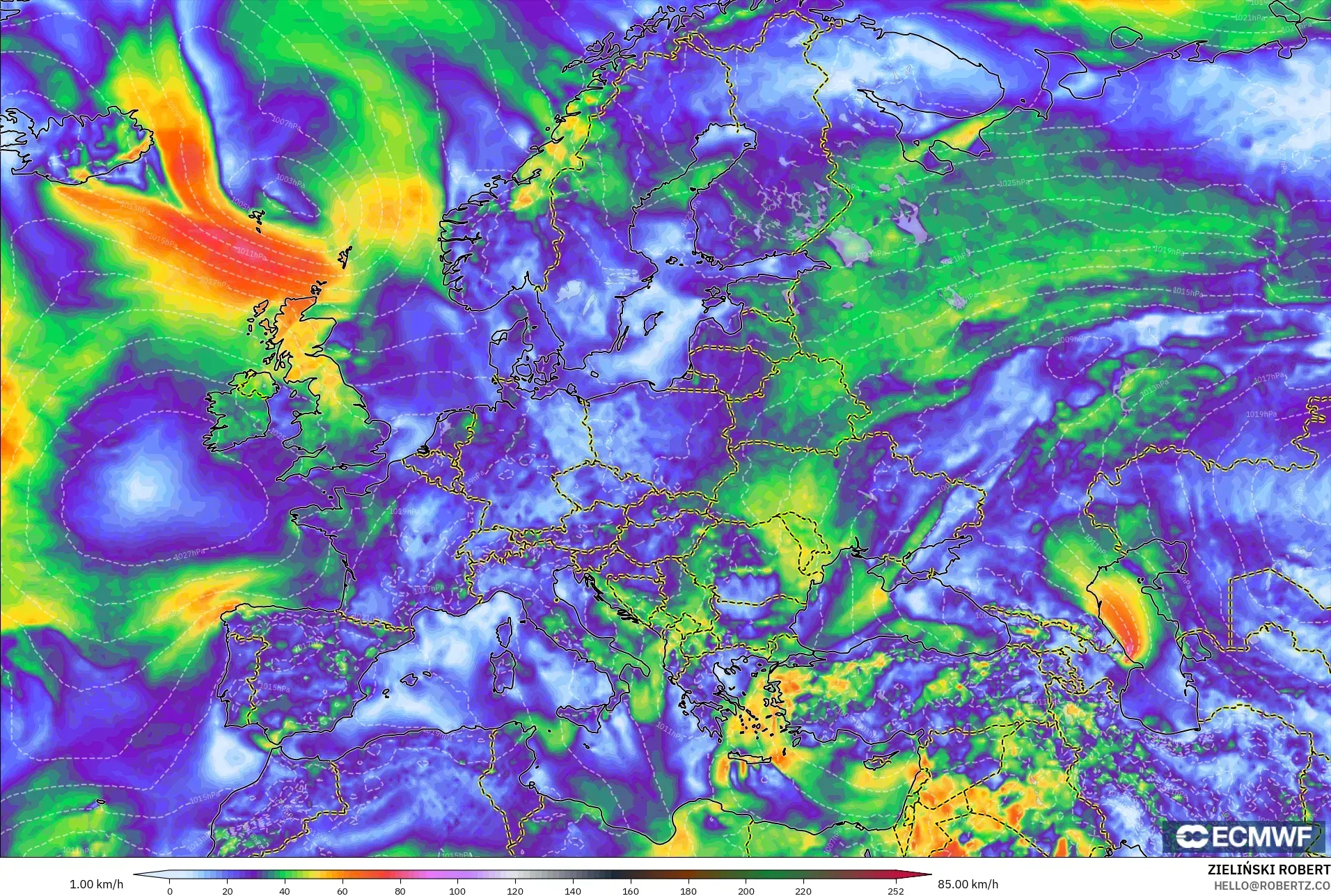 ECMWF IFS 0.25° modelo - Europa, Ráfagas de viento
