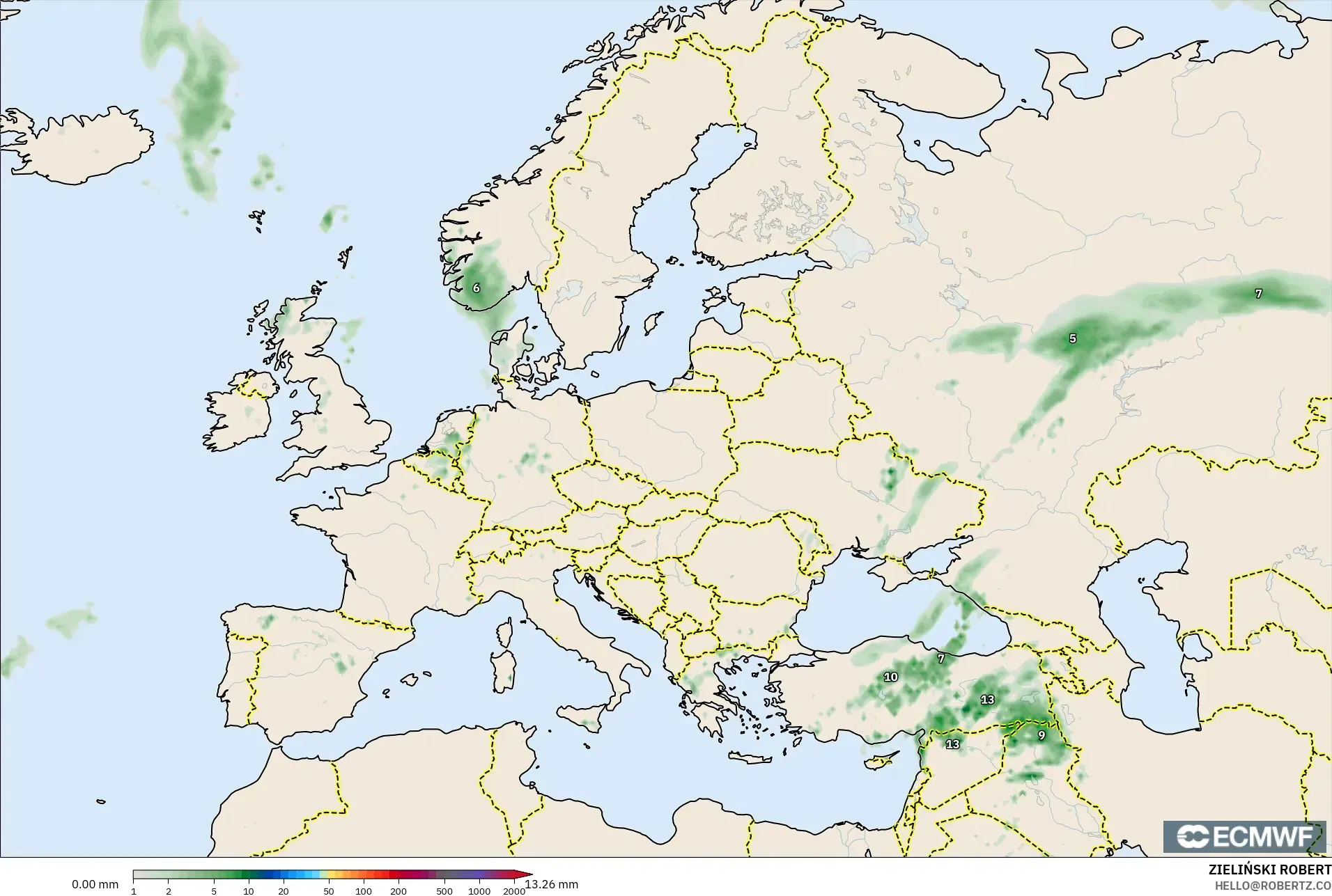 ECMWF IFS 0.25° modelo - Europa, Acumulación de precipitación
