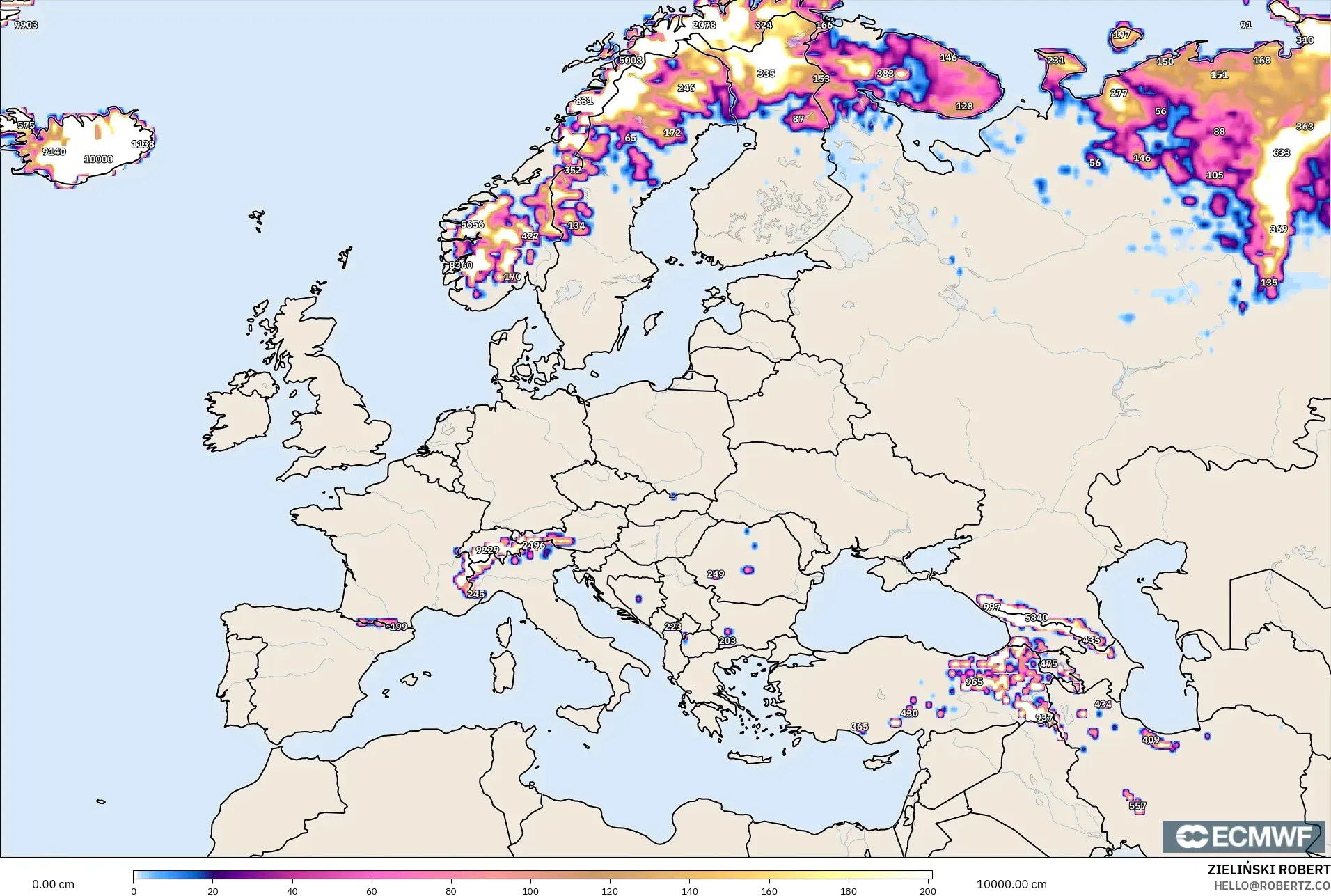 ECMWF IFS 0.25° modelo - Europa, Profundidad de nieve
