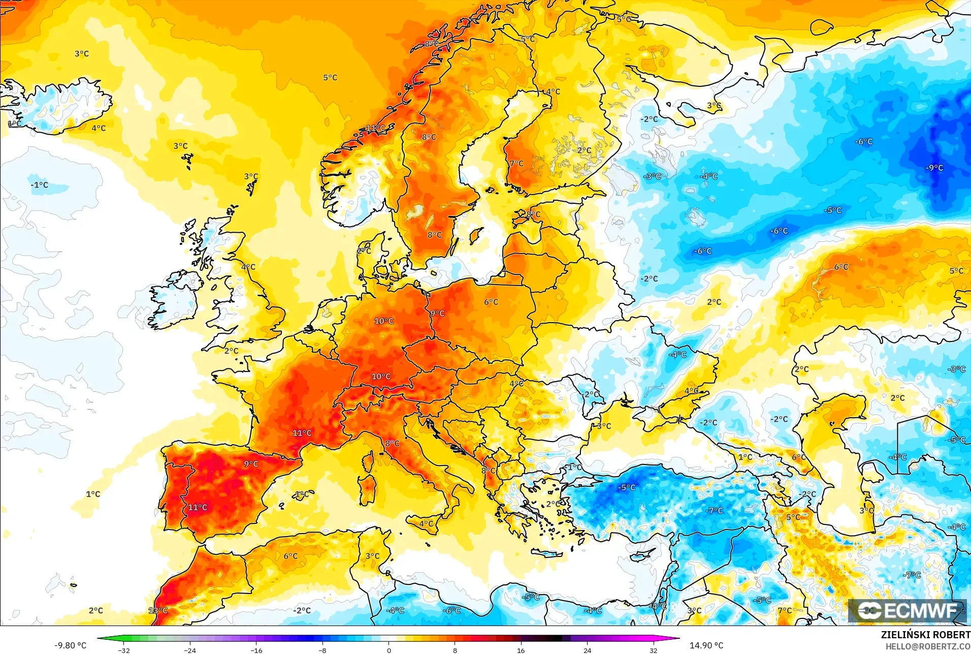 ECMWF IFS 0.25° modelo - Europa, Anomalía de temperatura a 2 m