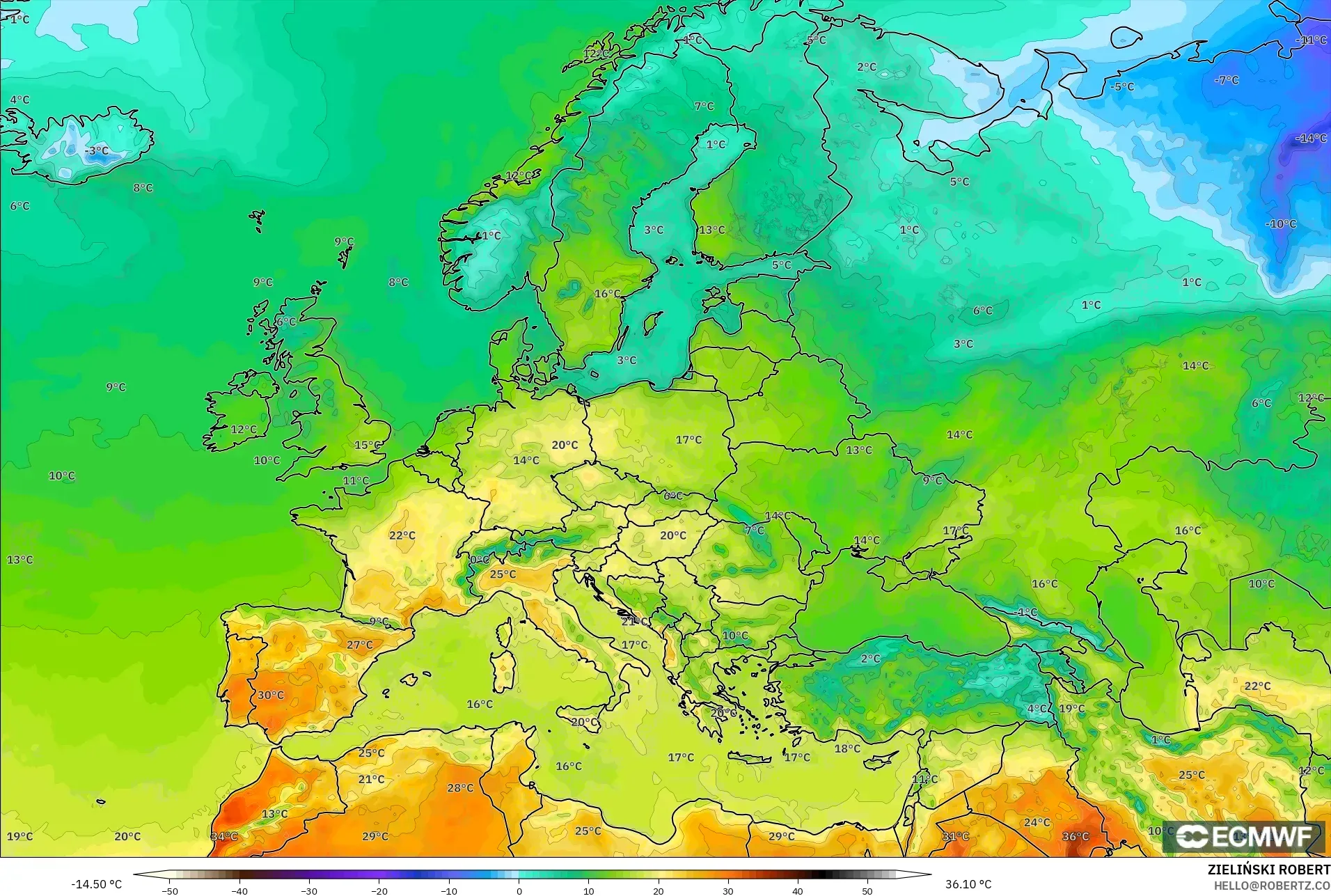 ECMWF IFS 0.25° modelo - Europa, Temperatura a 2 m